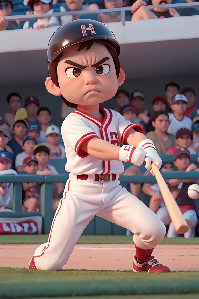 １male, alone, Ultra-high resolution,chibi, Frowning, Narrow eyes, Brown Hair, Brow wrinkles, muscle, Dynamic, baseball player, (野court), uniform, bat, Gloves, Helmet, baseball belt, During the game, Batter Box, Stance, court, audience, illumination, Tension, A look of determination, Powerful