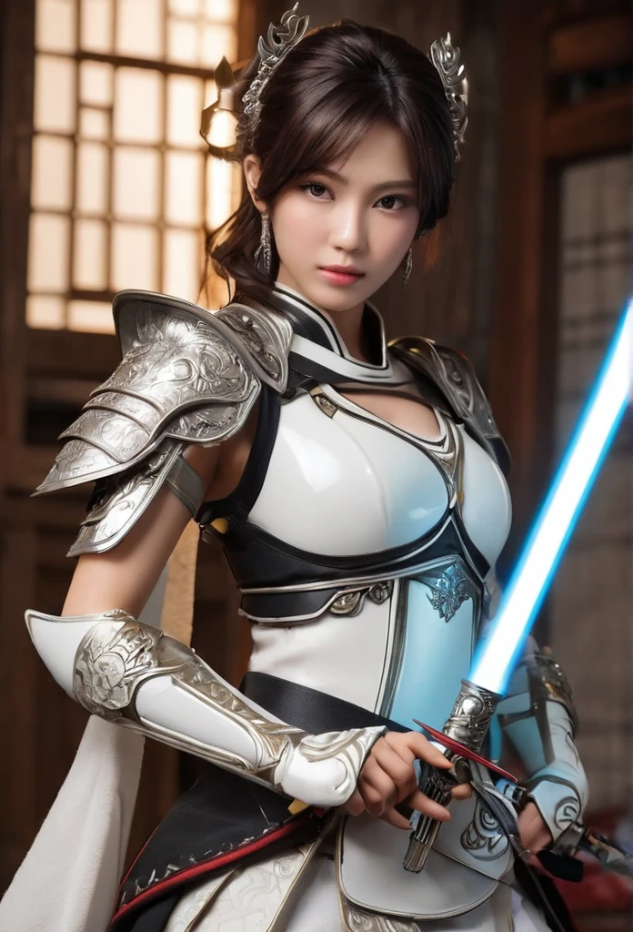 ((exceptional quality)), ((masterpiece)), ((true to reality)), Beautiful enchanted alluring Indonesian female mix from Japanese-Chinese-Indonesian of best traits, age 27, white bright skin, 36-24-36 body ratio, height 176 cm, perfect body, becomes a Japanese warrior, Wearing white leather armor, holding white light saber, detailed clothing, realistic skin texture, ((full body) ), (((Hands and feet are very detailed))), decoration, earrings, intricate details, super realistic, hyper detailed, skin texture, freckles, shiny skin, battle positions, in the background a Japanese battle, insane detail, sharp focus , volumeric lighting, good highlights, good shading, subsurface scattering, intricate, highly detailed, ((cinematic)), Dramatic, ((highest quality, Granted, masterpiece)), (photorealistic), (photography), (Realistic photo), Sony A7 IV, Natural light, 64k, highest definitions,