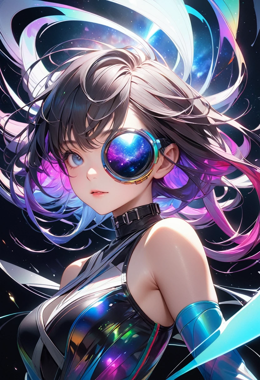 ([Eye patch:Expanding Black Hole:0.3], Swirling Galaxy, no gravity), Absurd aesthetics, 
Break Seamless Blend, Holographic, Fantastic iridescent colors, cyber punk, 
BREAK Ultra-realism, Detailed and realistic skin texture, Fine and exquisite texture, Detailed and precise brushwork, Detailed and vivid depiction, Anatomically correct, Absurd aesthetics, 
BREAK A dark background that makes the subject stand out, 
Blake Dramatic Film Lighting, 
Blake: A powerful and bold composition, 
Transparent full color, 
Dynamic face shot, 
BREAK Redrawing the work into a vivid and lively piece, Highest qualityのレンダリング, Highest quality, Highest Resolution, 
Transparent full color, Ultra-realistic, 