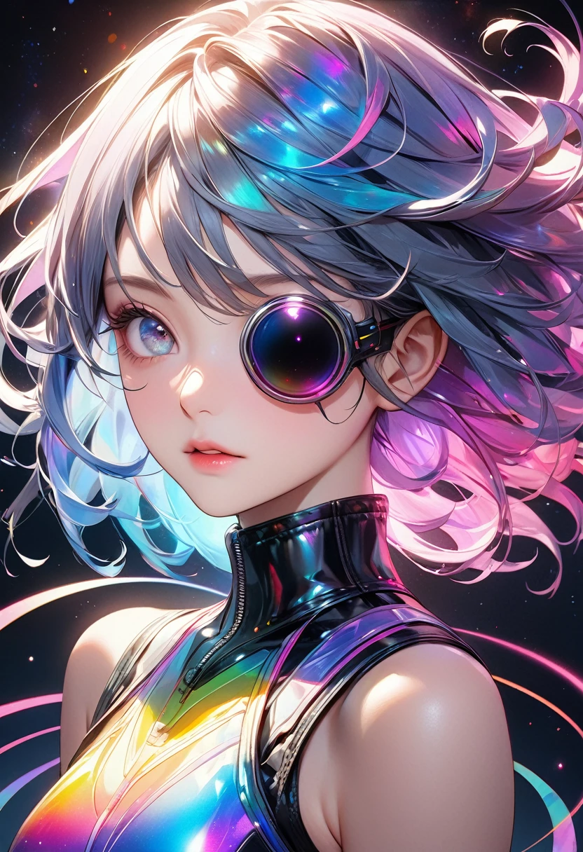 ([Eye patch:Expanding Black Hole:0.3], Swirling Galaxy, no gravity), Absurd aesthetics, 
Break Seamless Blend, Holographic, Fantastic iridescent colors, cyber punk, 
BREAK Ultra-realism, Detailed and realistic skin texture, Fine and exquisite texture, Detailed and precise brushwork, Detailed and vivid depiction, Anatomically correct, Absurd aesthetics, 
BREAK A dark background that makes the subject stand out, 
Blake Dramatic Film Lighting, 
Blake: A powerful and bold composition, 
Transparent full color, 
Dynamic face shot, 
BREAK Redrawing the work into a vivid and lively piece, Highest qualityのレンダリング, Highest quality, Highest Resolution, 
Transparent full color, Ultra-realistic, 
