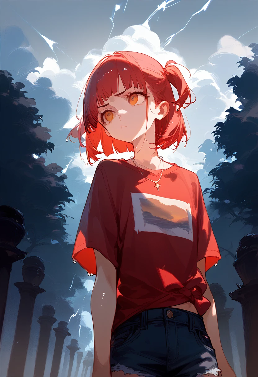 score_9, score_8_up, score_7_up,expressive eyes,1 girl, bob cut,blunt bangs,white and red hair,orange eye, swirly eyes,necklace,two side up,red shirt, loose shirt, denim shorts,in park, closed mouth, :t, pout, mad ,thunderstorm,wet