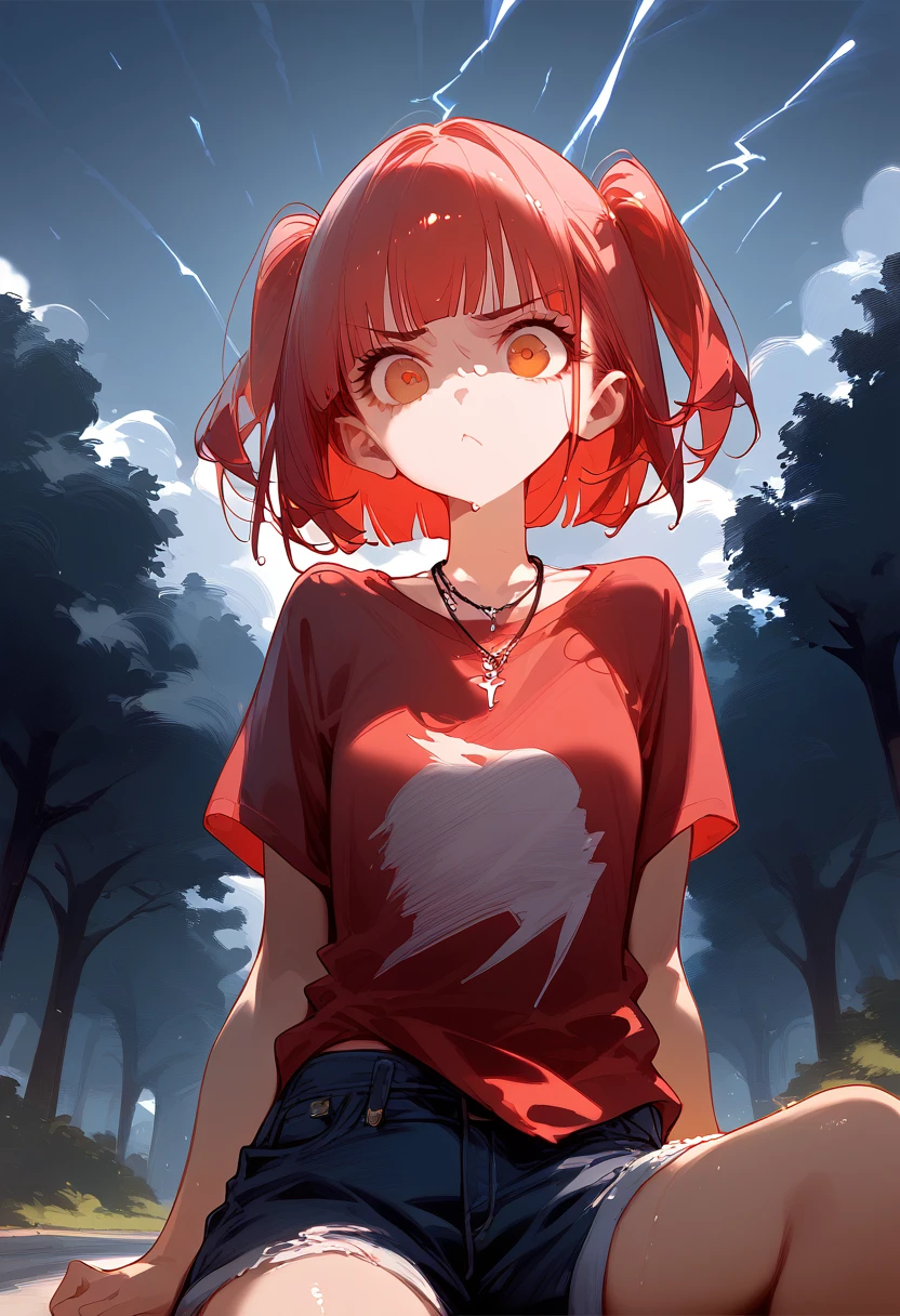 score_9, score_8_up, score_7_up,expressive eyes,1 girl, bob cut,blunt bangs,white and red hair,orange eye, swirly eyes,necklace,two side up,red shirt, loose shirt, denim shorts,in park, closed mouth, :t, pout, mad ,thunderstorm,wet