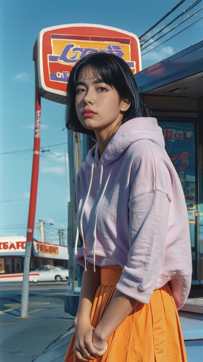 (medium long shot portrait) of cute 23 yo girl ,wear ((orange color oversized_hoodie)), wear ((purple tennis skirt)),looking front,Best Quality,Masterpiece,Ultra High Resolution,(Realisticity:1.4),Original Photo, 1Girl, light leak,ultra high resolution,UHD,beautiful, (black straight hair), almond eye, no makeup, in front of ((80's los angles colorful gas station)), (realistic:1.2), (surreal:1.3), (very detailed:1.1), ((masterpiece)),summer, blue sky, palm trees,sunny, los angles vibes,film camera, 800mm lens,style of Philip Lorca diCorcia