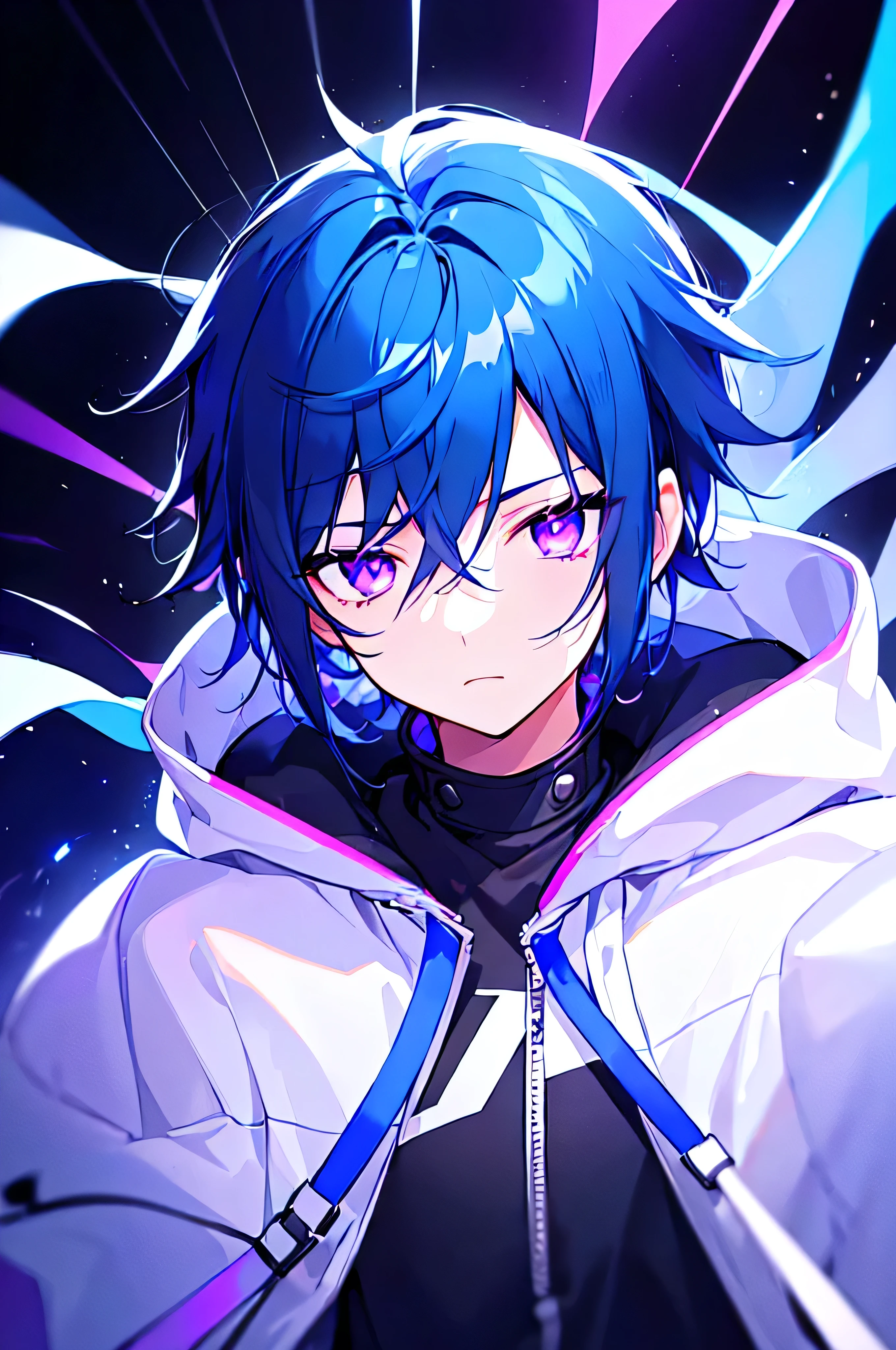 [(BLACK BACKGROUND:1.5),::5], ((((masterpiece)))), high quality, ultra very high resolution, full color, (((solo))), (((little boy))), men's black hair, ((blue colored inner hair)), ((purple eyes)), anime, ((upper body)), gloom expression depressed, neon light, black parka, (Thunder effect:1.2)