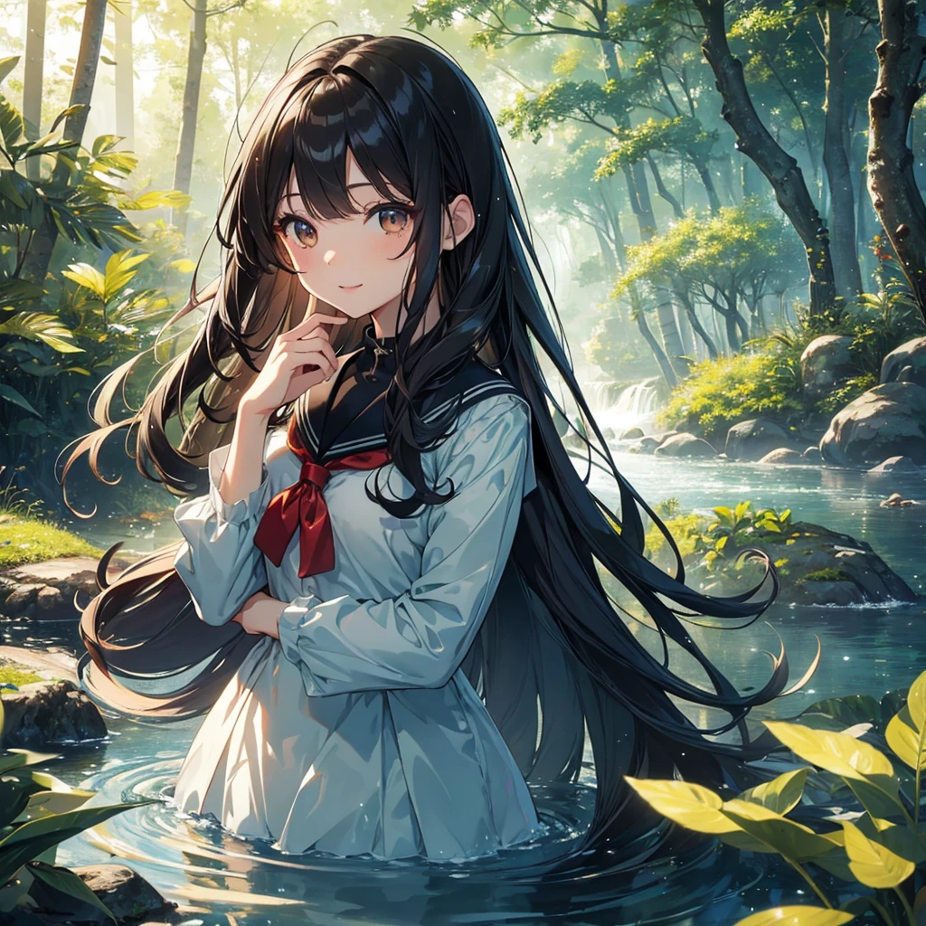finely detailed beautiful girl, detailed 16k best quality, shiny hair, ultra-detailed beautiful shiny highlight clear eyes focus, beautiful shiny forest water background, Long Black Hair、Sailor suit、laughing、Brown eyes、