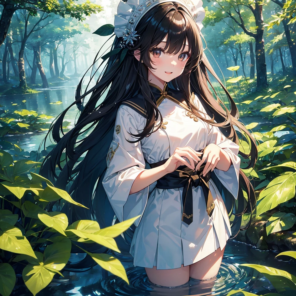finely detailed beautiful girl, detailed 16k best quality, shiny hair, ultra-detailed beautiful shiny highlight clear eyes focus, beautiful shiny forest water background,  Long Black Hair、Sailor suit、laughing、Brown eyes、