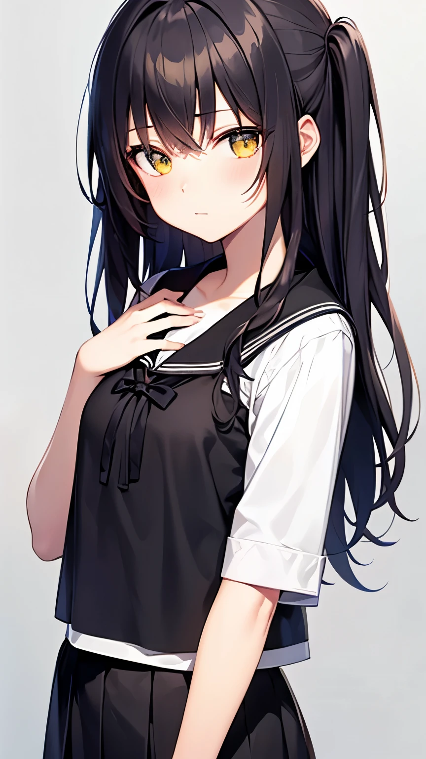 Anime style, cute, girl, crossed bangs black long haired, yellow eyes. Using Japanese seifuku.
