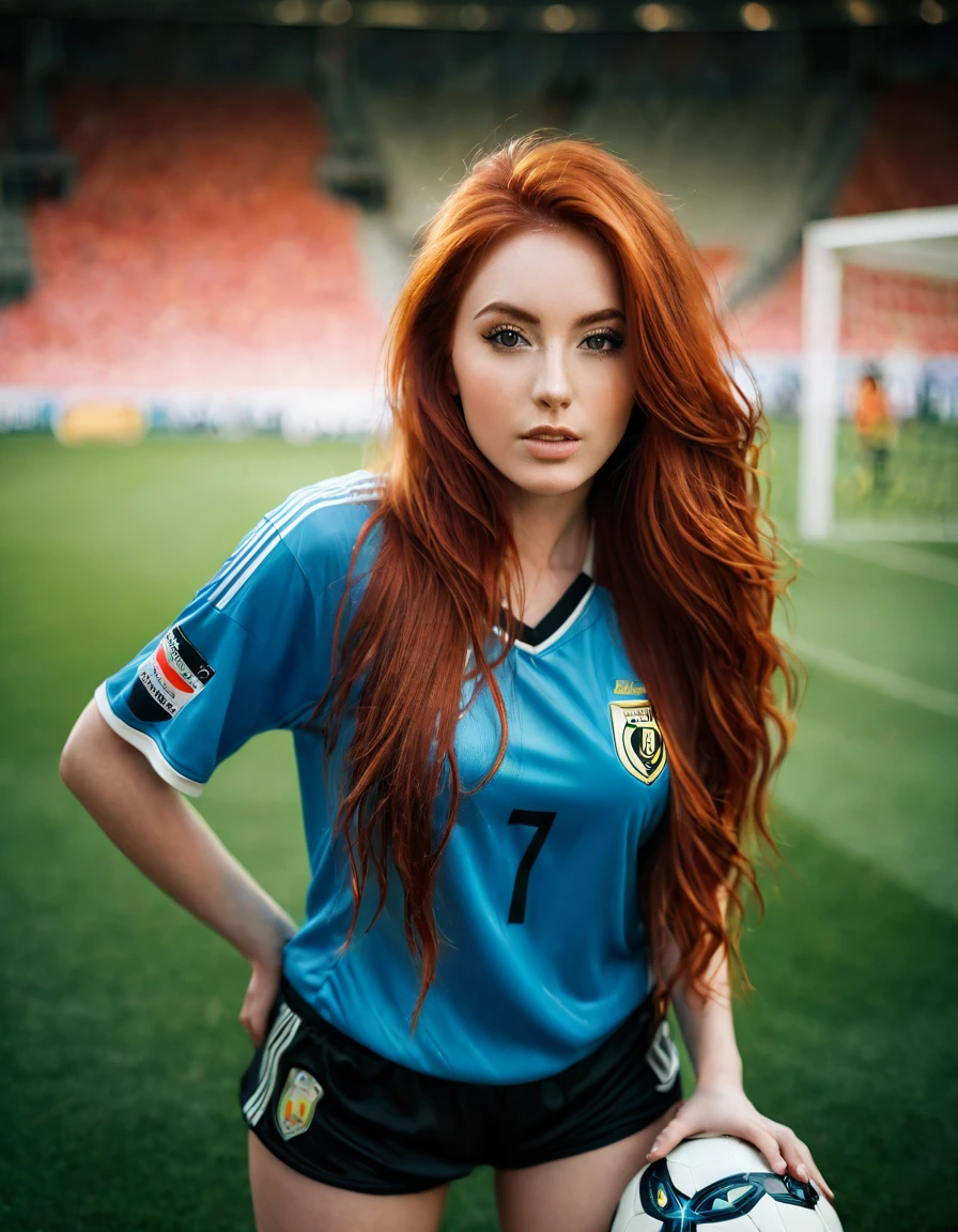 ultra realistic, photography, long red hair, girl, 24 years old, hourglass figure, perfect body, Flirty look, beautiful detailed woman, intricate and detailed face, long lush hair, soft lighting, photorealistic, high quality, cinematic, dramatic, warm color tones, facing the camera, Nikon z fx, lens 35 mm, blur background, at a soccer stadium, she is in tight  soccer jersey and shorts, she is holding a football in her hands