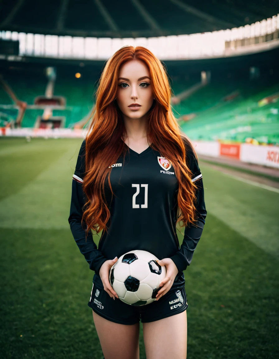 ultra realistic, photography, long red hair, girl, 24 years old, hourglass figure, perfect body, Flirty look, beautiful detailed woman, intricate and detailed face, long lush hair, soft lighting, photorealistic, high quality, cinematic, dramatic, warm color tones, facing the camera, Nikon z fx, lens 35 mm, blur background, at a soccer stadium, she is in tight sexy soccer jersey and shorts, she is holding a football in her hands