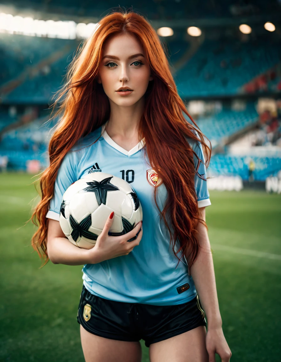 ultra realistic, photography, long red hair, girl, 24 years old, hourglass figure, perfect body, Flirty look, beautiful detailed woman, intricate and detailed face, long lush hair, soft lighting, photorealistic, high quality, cinematic, dramatic, warm color tones, facing the camera, Nikon z fx, lens 35 mm, blur background, at a soccer stadium, she is in tight sexy soccer jersey and shorts, she is holding a football in her hands