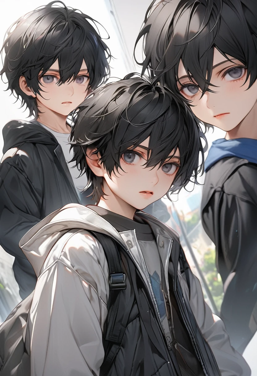 A kid, boy, handsome, black hair, short hair, mullet, black eyes, upturned eyes, expressionless, black jacket, anime, first-person view, masterpiece, anatomically correct, high details, highres, best quality, super detail