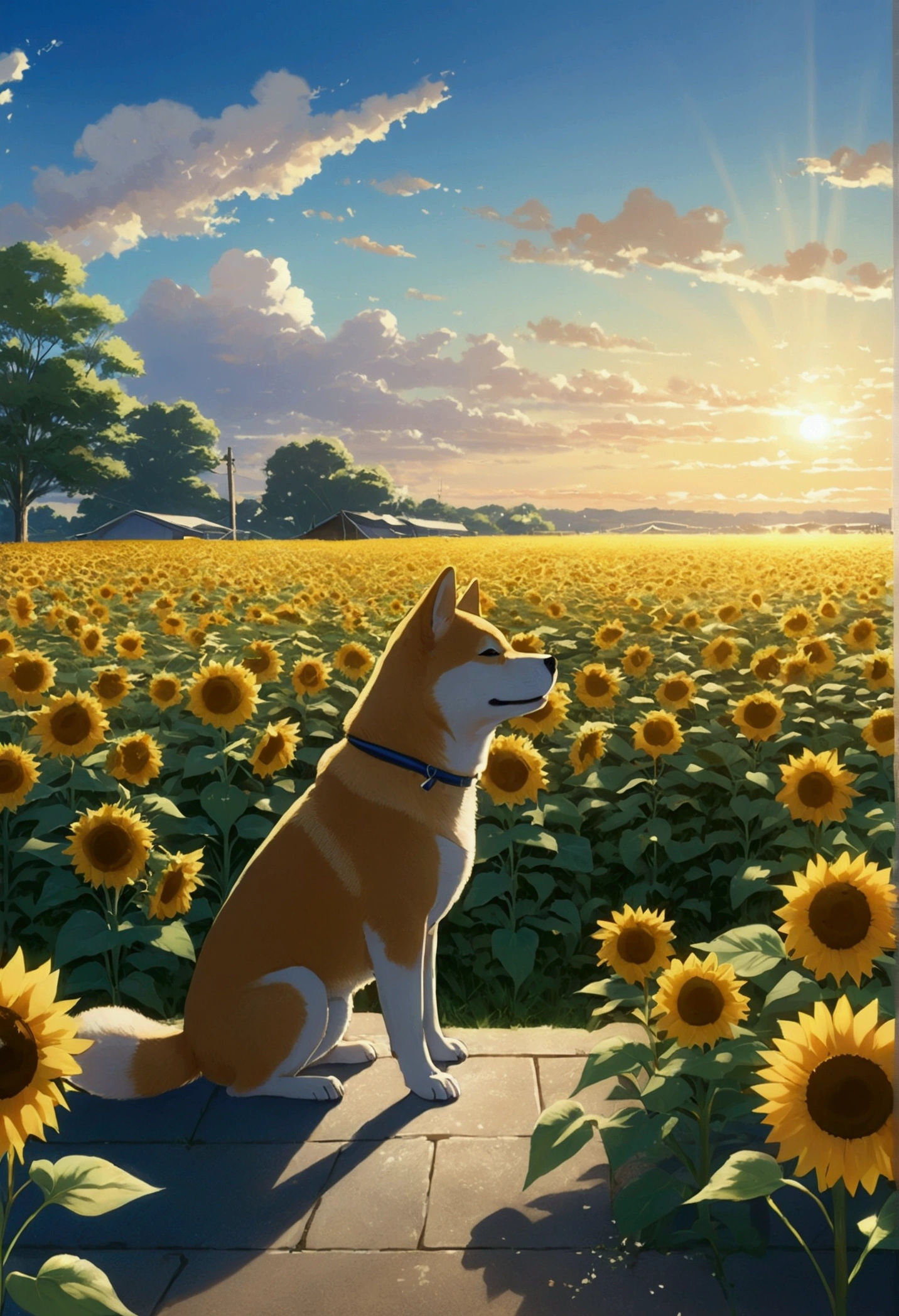 Makoto Shinkai Taste, Beautiful sky, Shiba Inu Puppy, ,Romantic Landscape, Healing scenes, Light pours in,hope, Summer Morning,sunflower, Makoto Shinkai Taste,Detailed Description,