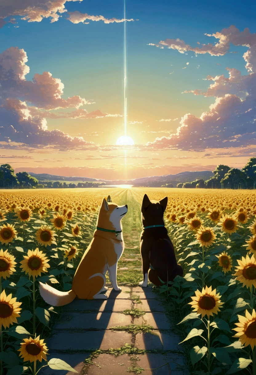 Makoto Shinkai Taste, Beautiful sky, Shiba Inu Puppy, ,Romantic Landscape, Healing scenes, Light pours in,hope, Summer Morning,sunflower, Makoto Shinkai Taste,Detailed Description,