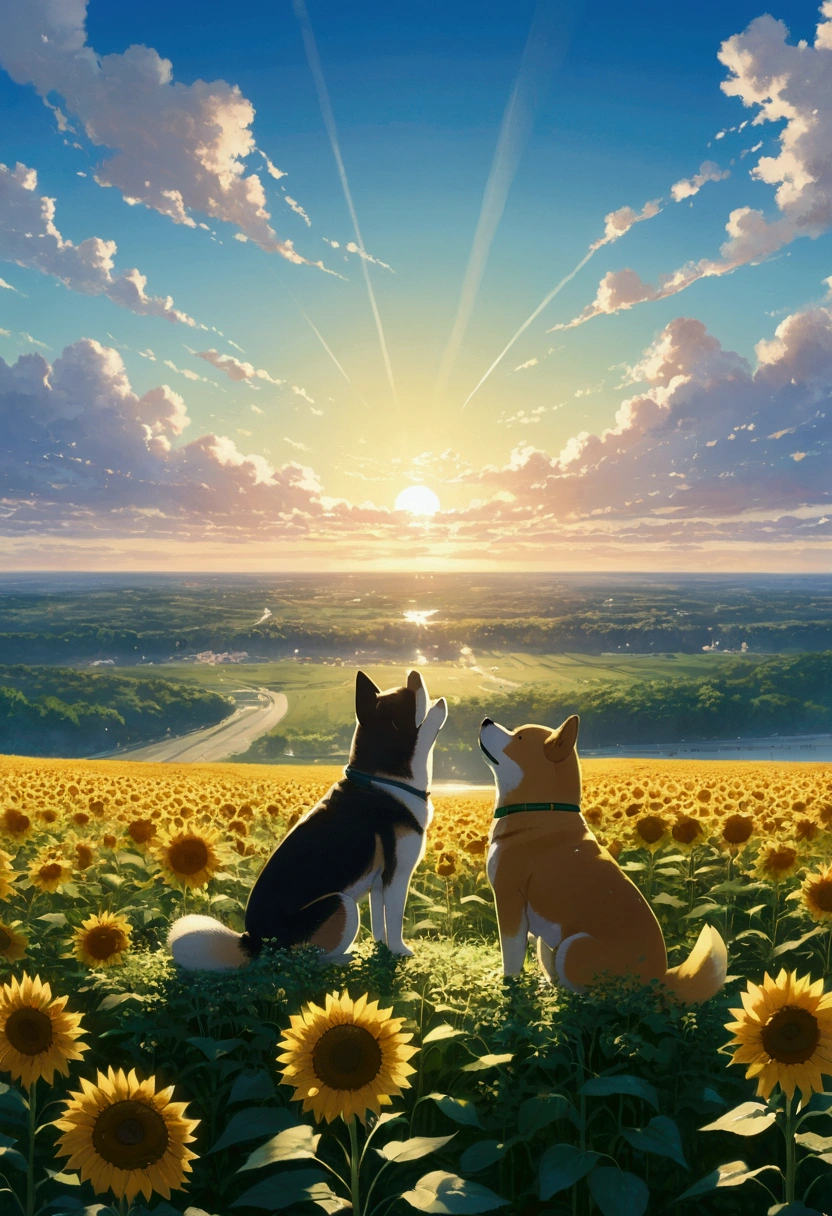 Makoto Shinkai Taste, Beautiful sky, Shiba Inu Puppy, ,Romantic Landscape, Healing scenes, Light pours in,hope, Summer Morning,sunflower, Makoto Shinkai Taste,Detailed Description,