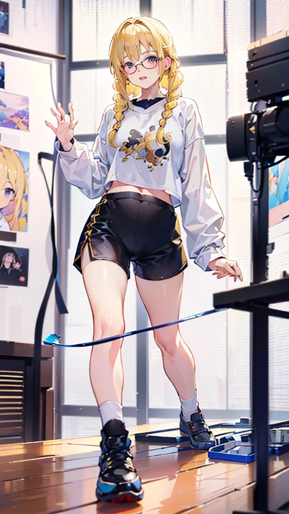 (blonde),Golden pupil,Double braids,Aho,Round glasses,Girl,Wear a white sweatshirt,Black shorts,Standing,Standing picture,whole body,游戏Standing picture,8K,Correct human body,Detailed eye painting,illustration,Highest quality,Exquisite,Detailed face,Masterpiece,flat chest,Slim,young,16 years old,High-end,Hand Painted,Official Fanart, Visual novel, Anime style,Girl浪漫, Produced by Anime Painter Studio,masterpiece, best quality, Sharp focus, Intricate details, Perfect, Golden Ratio Composition, 8K resolution, High resolution, fair, fair sky, Vibrant pastel colors