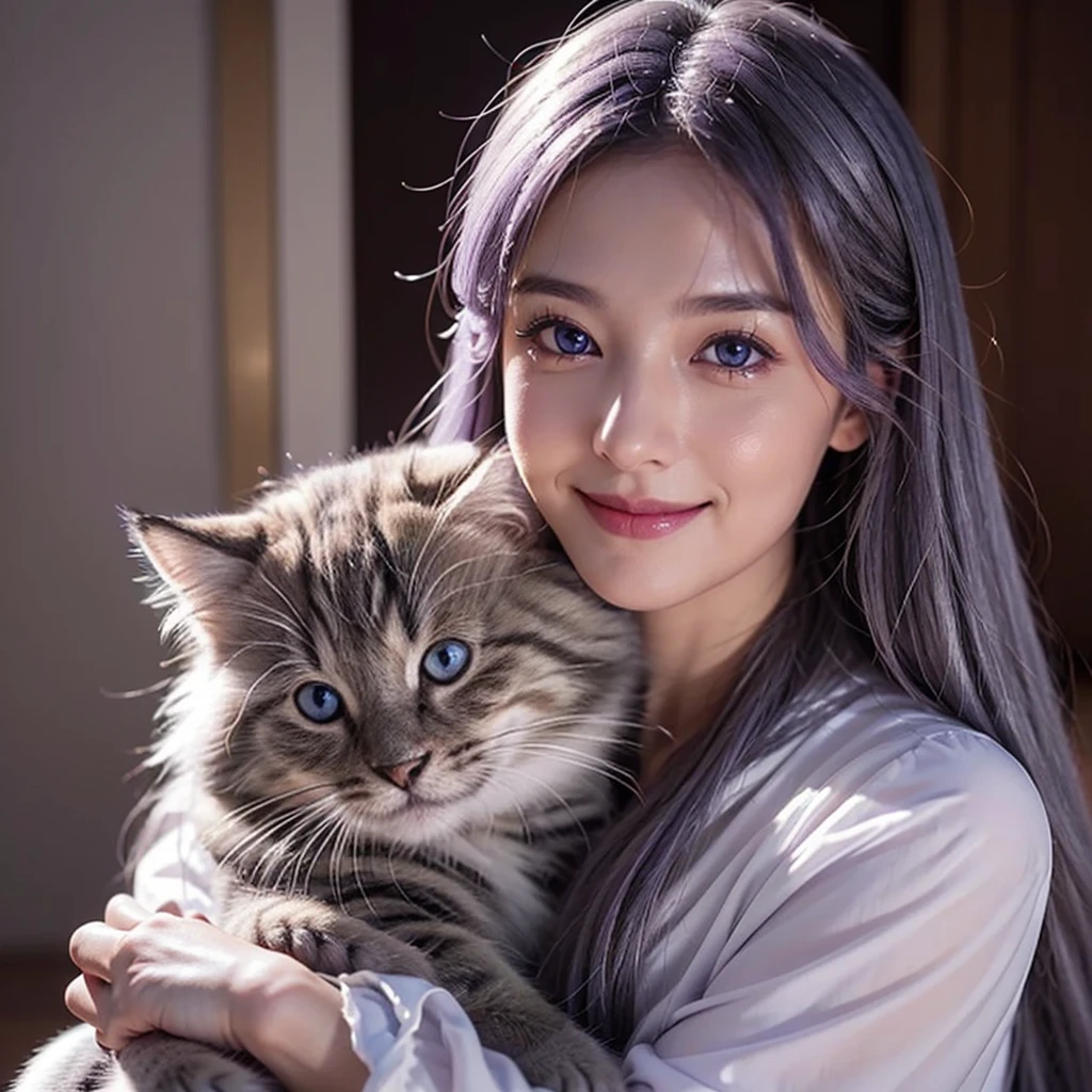 Here is an example of an AI image prompt:.。。：

「Beautiful woman like a realistic photo、It has double mottled purple eyes.、Smile gracefully with long silver hair、Create an image depicting a scene cuddling an adorable kitten。The woman&#39;s eyes shine dark purple、Long silver hair flutters gracefully in the wind.。kitten with fluffy fur、It&#39;s full of cuteness。The background is a bright space with natural light, creating a warm atmosphere..。」