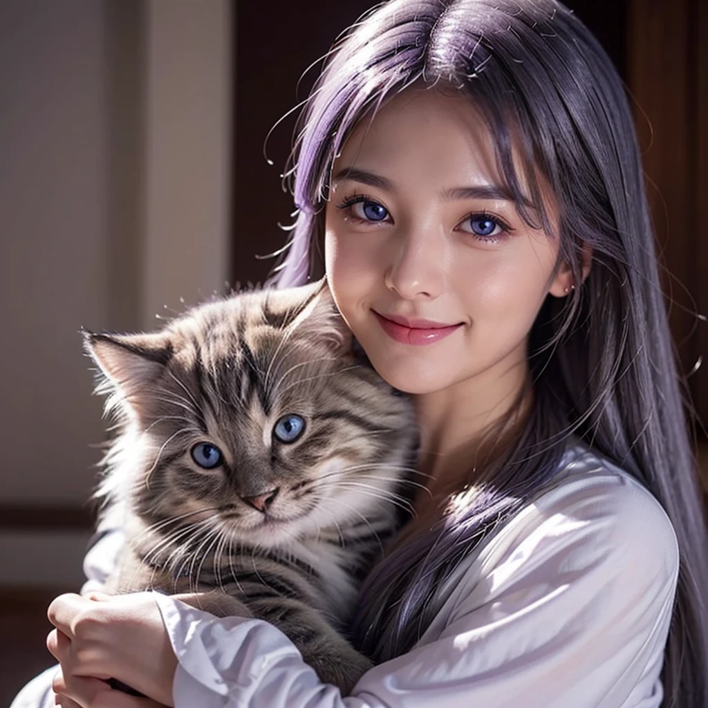 Here is an example of an AI image prompt:.。。：

「Beautiful woman like a realistic photo、It has double mottled purple eyes.、Smile gracefully with long silver hair、Create an image depicting a scene cuddling an adorable kitten。The woman&#39;s eyes shine dark purple、Long silver hair flutters gracefully in the wind.。kitten with fluffy fur、It&#39;s full of cuteness。The background is a bright space with natural light, creating a warm atmosphere..。」
