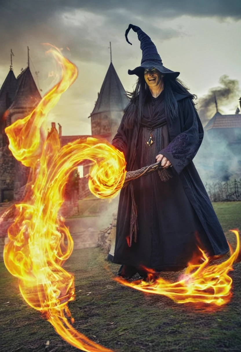 Demonic wizard with a burning castle in the background