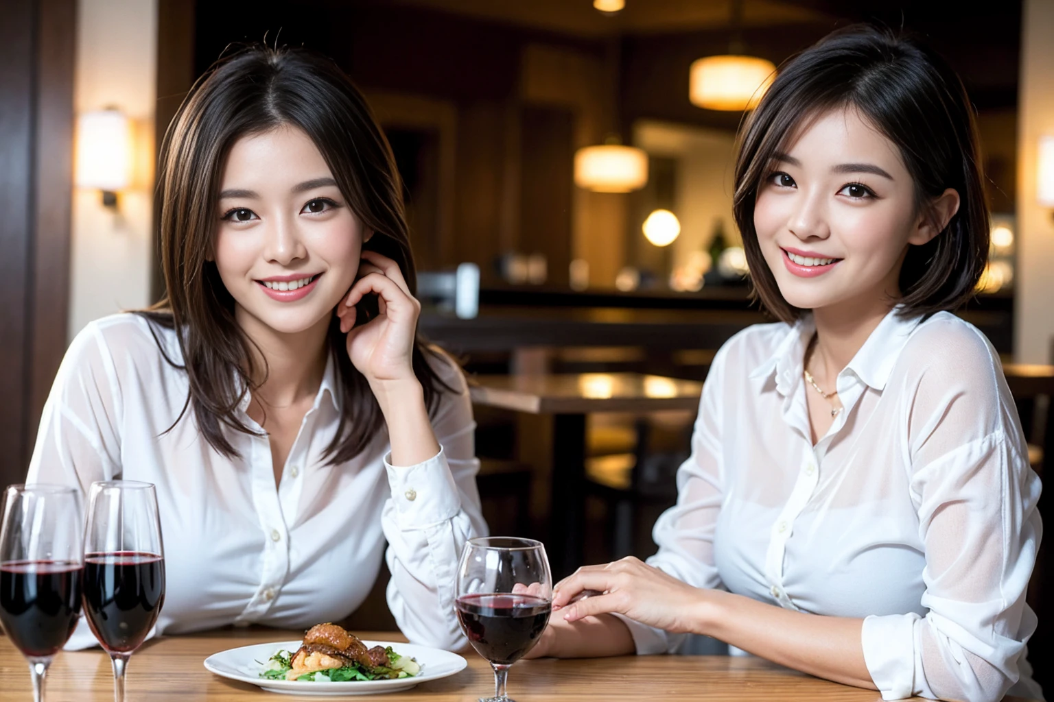 ((Highest quality、8K、masterpiece:1.3))、Shortcuts、cute、slimカップル、modelカップル、actress男優、(Realistic, Intricate details:1.2), full-course dinner、Wine Party、Amazing view of the sunset sky and clouds、A bright smile、short hair,Bright Face、 (Age 45), 42 years old, red wine 、Appetizers、Italian food、Wine bottle、Champagne、sparkling wine、Two beauties、Brown Hair、Shortcuts、Long sleeve shirt、dress、Beautiful woman 1, (slimな顔), (The body is slim), (Brown Hair), (Shortcuts), cheeks turn a little red,Attractive beauty、restaurant, In a prominent place (From the waist up) Nova Frog Style, actress, model, Upper Body, White wine, slim, wine glass, 中央に置かれたwine glass, smile, (smile: 1.15), Beautiful fine grain, Depth f/2,saturation, High Contrast, Strong light and shadow,Moist Body:1.5、3D texture、Delicate eyes、Brown Hair、The hair is very shiny、