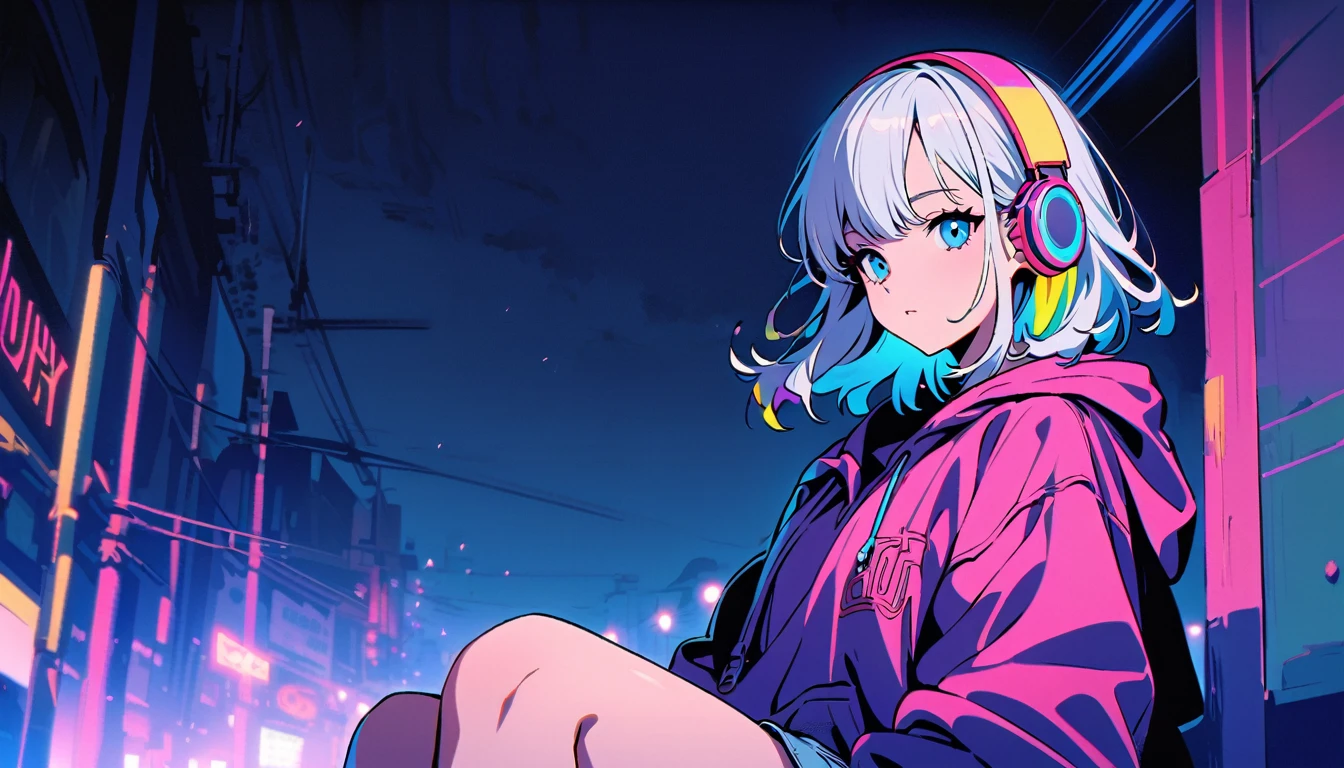 HD 8k Handsome sexy cute, Solitary, 1 female, Medium Length Hair, white hair, Rainbow hair, blue Eyes, Rainbow headphone, hoodie, colored hoodie, denim shorts, sneakers, Human focus, outdoor, blue night sky, background is 1980's Japanese NEON Tokyo,