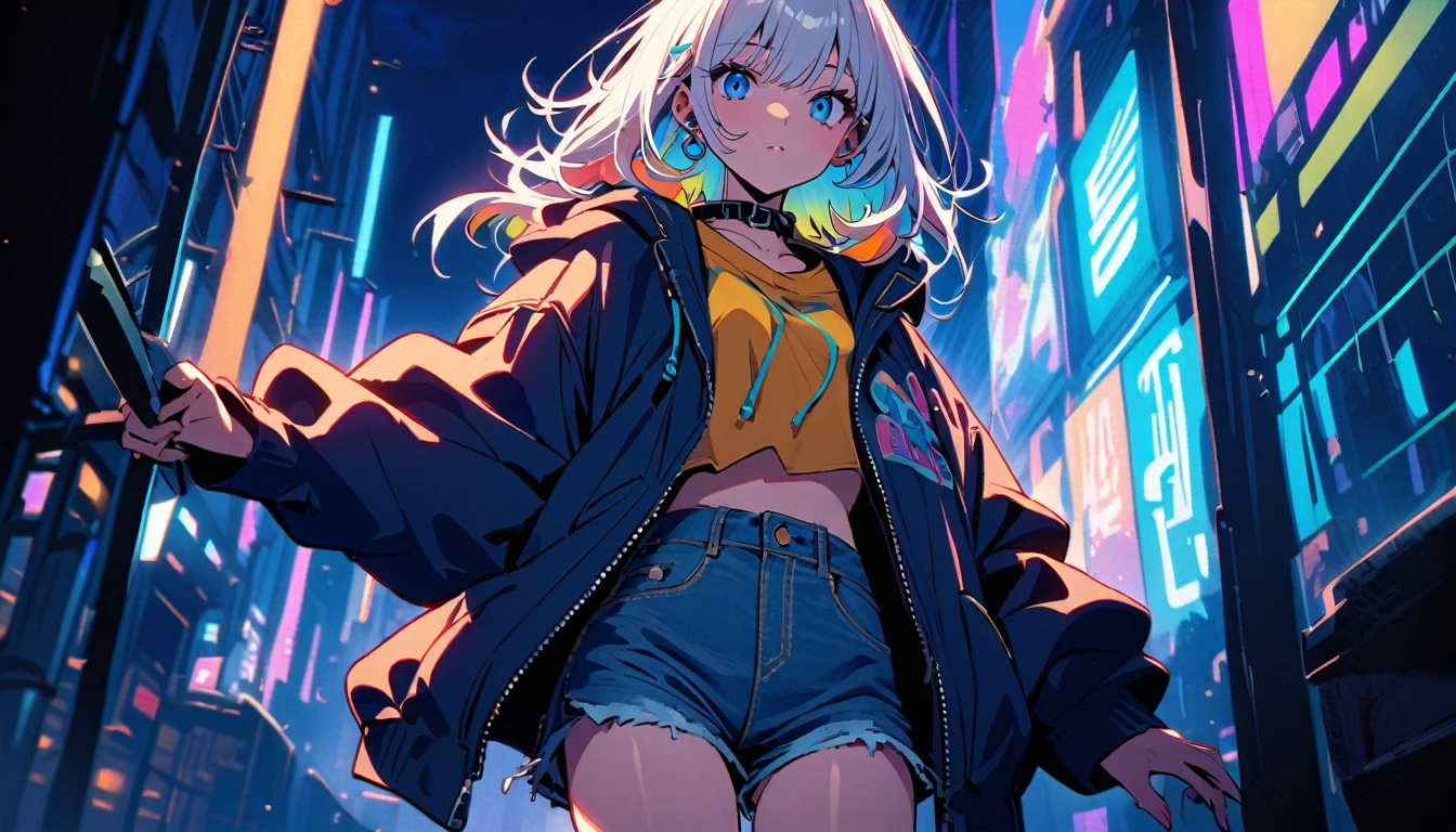 HD 8k Handsome sexy cute, Solitary, 1 female, Medium Length Hair, white hair, Rainbow hair, blue Eyes, Rainbow headphone, hoodie, colored hoodie, denim shorts, sneakers, Human focus, outdoor, blue night sky, background is 1980's Japanese NEON Tokyo,