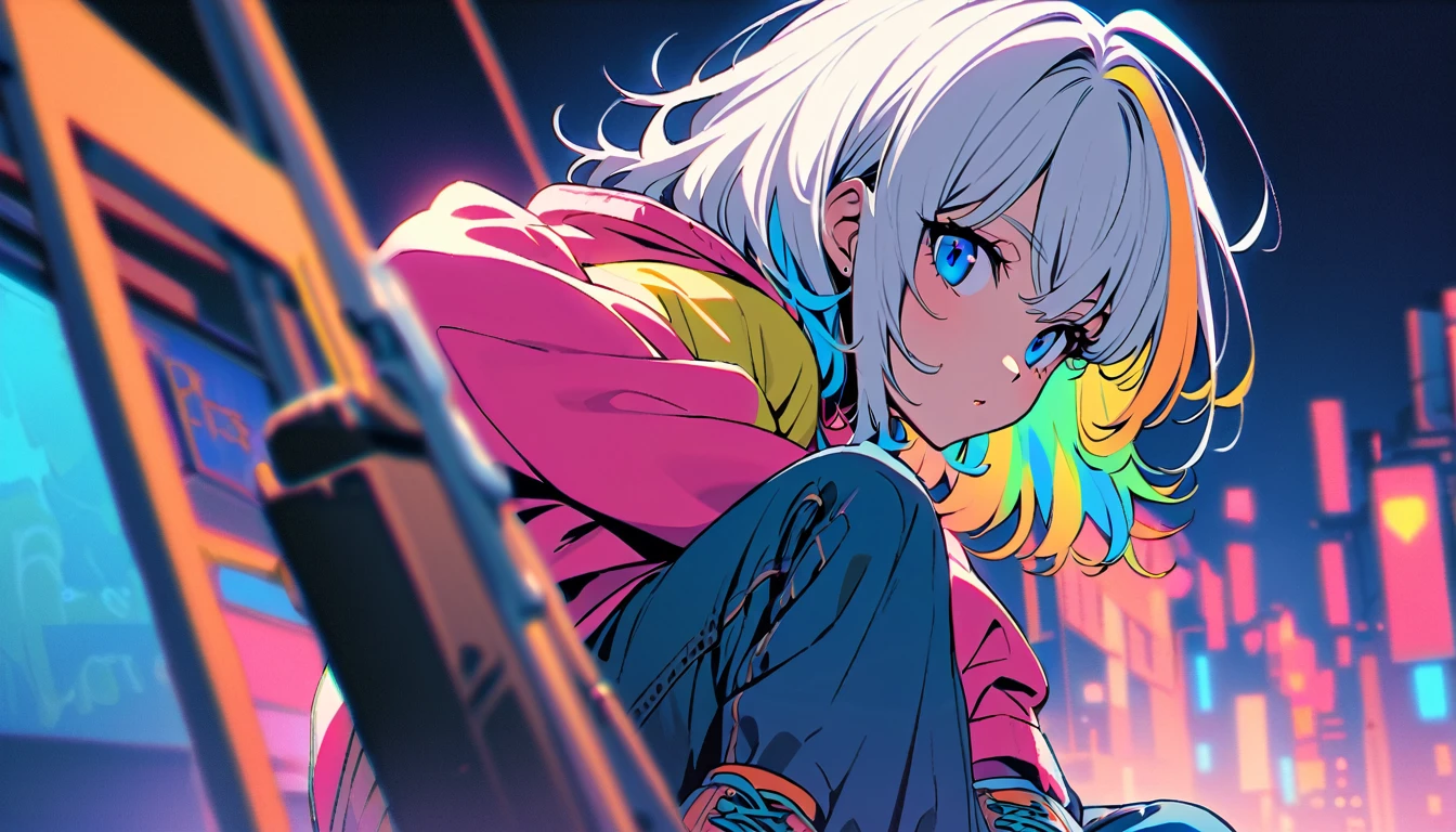 HD 8k Handsome sexy cute, Solitary, 1 female, Medium Length Hair, white hair, Rainbow hair, blue Eyes, Rainbow headphone, hoodie, colored hoodie, denim shorts, sneakers, Human focus, outdoor, blue night sky, background is 1980's Japanese NEON Tokyo,