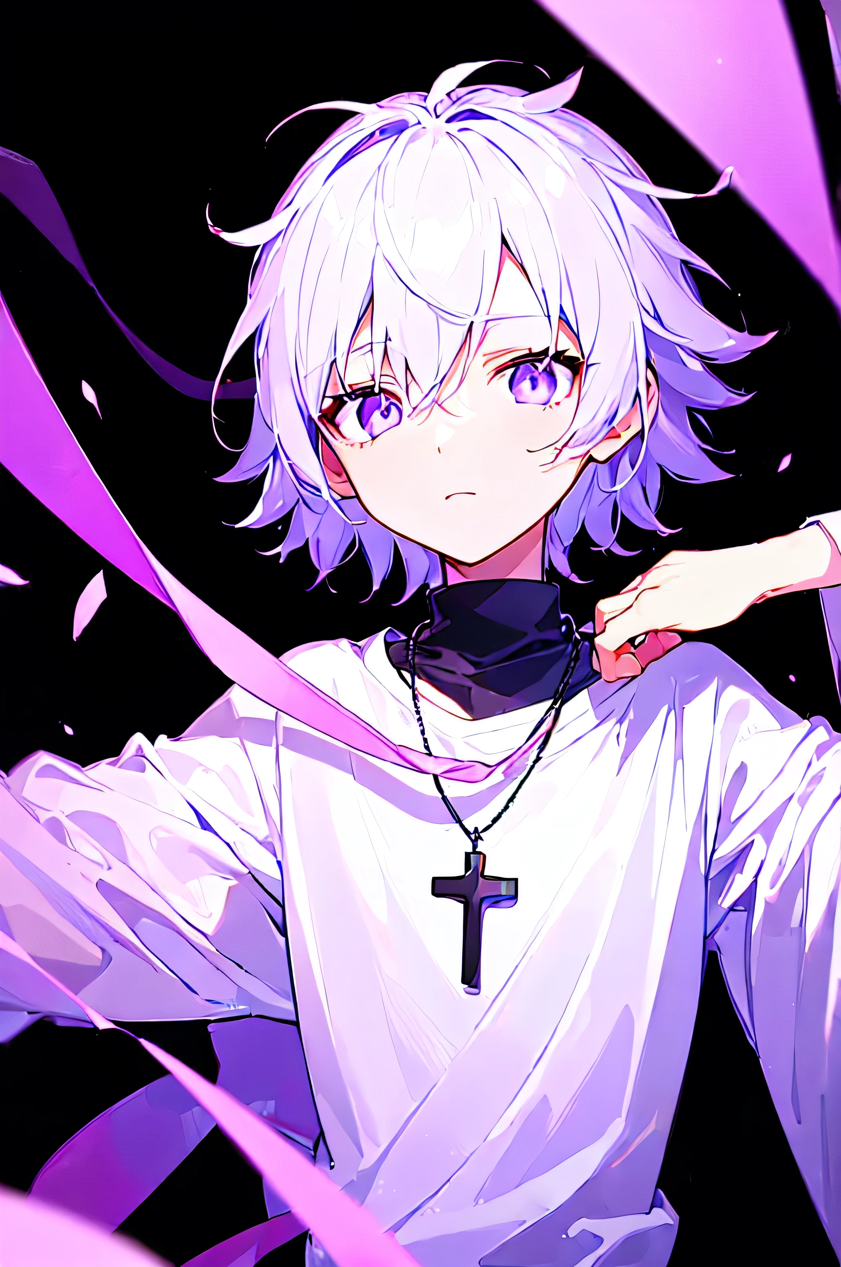 [(BLACK BACKGROUND:1.5)], ((((masterpiece)))), high quality, ((solo)), ((1 little boy)), ((white short hair)), (purple color eyes), upper body, civilian clothes white, Necklace of crosses, (purple effect:1), anime,