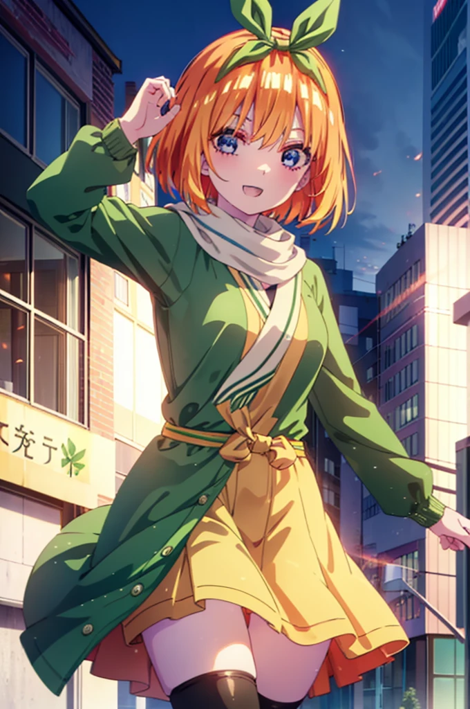 Yotsubanakano, Yotsuba Nakano, bangs, short hair, blue eyes, Hair between the eyes, hair ribbon, hair band, Orange Hair, (Green ribbon:1.5), smile, Grin,Green long coat,V-neck sweater,White scarf,Long skirt,Black pantyhose,short boots,It&#39;s snowing,Snow is piled up,Walking,whole bodyがイラストに入るように,
break ourdoors, Building district,
break looking at viewer, whole body,
break (masterpiece:1.2), Highest quality, High resolution, unity 8k wallpaper, (figure:0.8), (Beautiful attention to detail:1.6), Highly detailed face, Perfect lighting, Highly detailed CG, (Perfect hands, Perfect Anatomy),