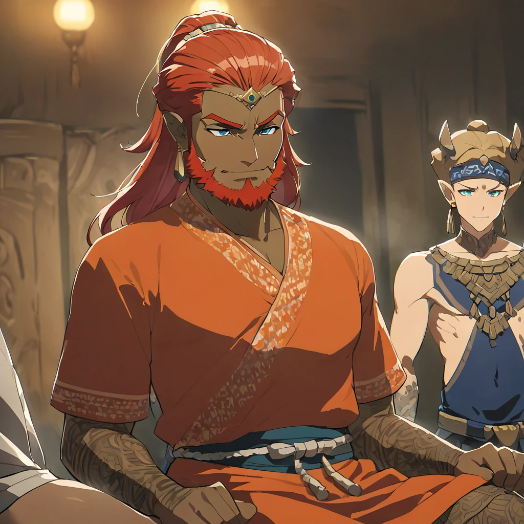 ((Highest quality)), ((masterpiece)), (detailed), （Perfect Face）、The woman is Queen Zelda of the Gerudo tribe, blonde with blue eyes.、The woman is wearing the sexy, see-through traditional costume of the Gerudo tribe.、The woman happily serves King Ganondorf.、The man is King Ganondorf of the Gerudo tribe, a dignified, middle-aged man with a beard, strong red hair and dark skin, and is wearing the traditional Gerudo costume.