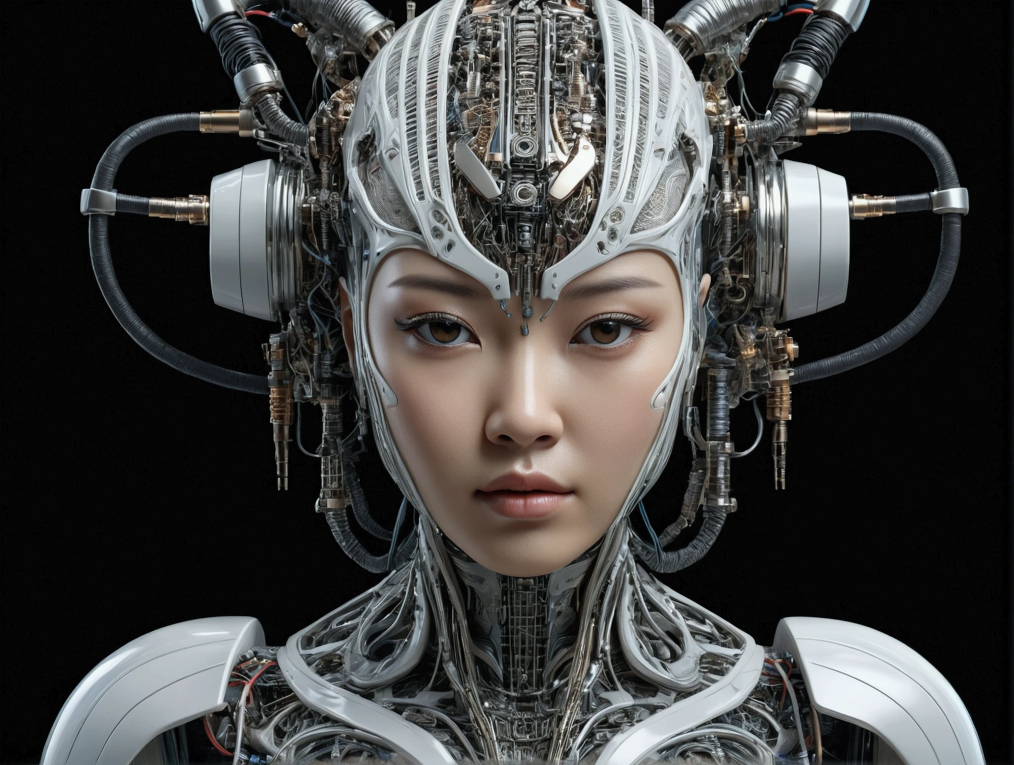 complex 3d render ultra detailed of a beautiful porcelain asian skin head woman android face, (((Full body))), cyborgs, roboticparts, 150mm, beautiful studio soft light, Rim Light, vibrant detail, luxuriouscyberpunk, Lace, hyper realisitic, Anatomical, face muscles, cable electric wires, microchips, Elegant, Beautiful background, Octane Render, h. r. Giger style, in 8K, Best Quality, masutepiece, Illustration, extremely delicate and beautiful, Extremely detailed ,Unity ,Wallpaper, (Realistic, Photorealsitic:1.37),amazing, finely detail, masutepiece,Best Quality,Official art, Highly detailed ticker Unity 8k wallpaper, absurderes, unbelievable Ridiculous, droid,