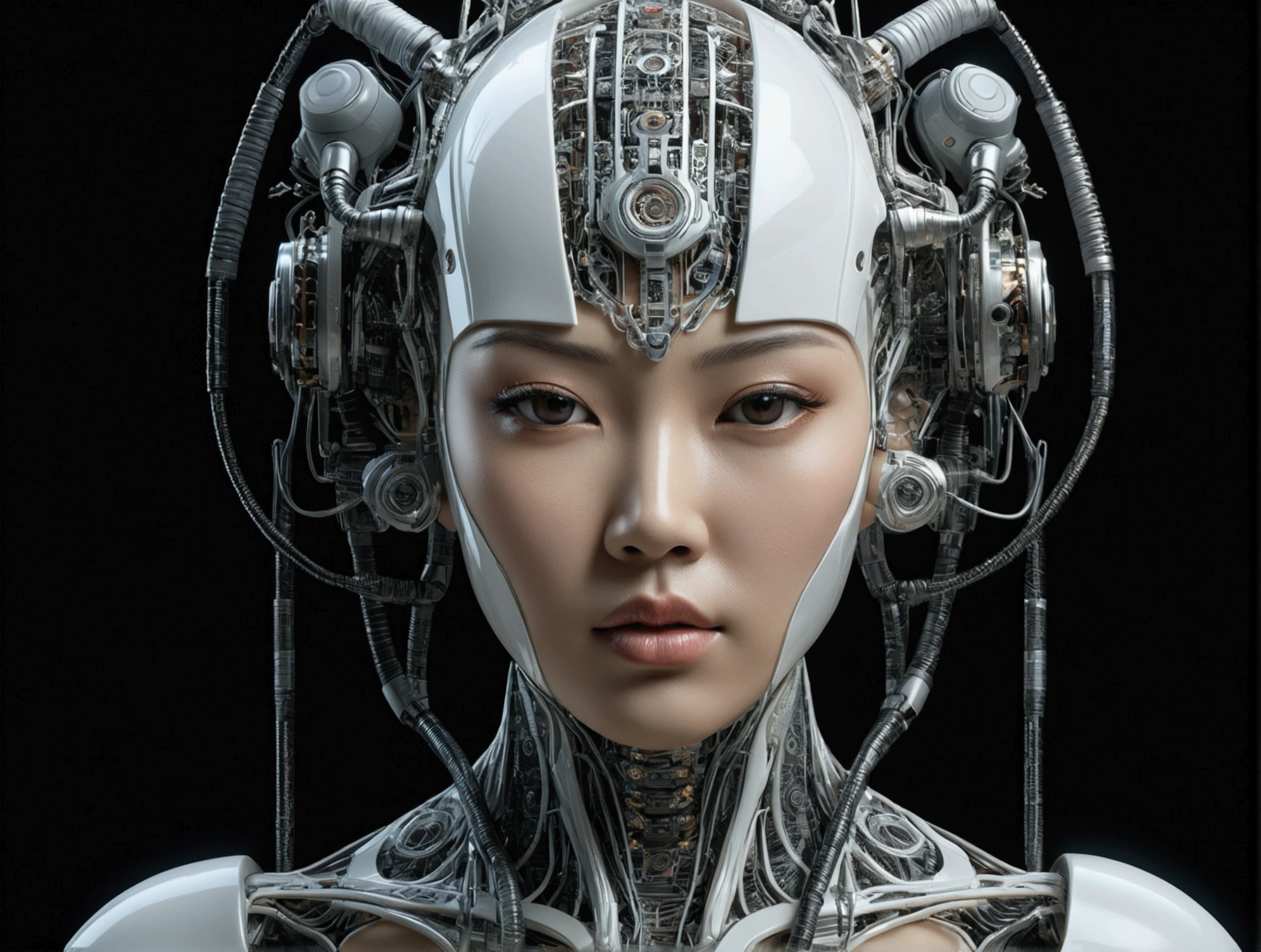 complex 3d render ultra detailed of a beautiful porcelain asian skin head woman android face, (((Full body))), cyborgs, roboticparts, 150mm, beautiful studio soft light, Rim Light, vibrant detail, luxuriouscyberpunk, Lace, hyper realisitic, Anatomical, face muscles, cable electric wires, microchips, Elegant, Beautiful background, Octane Render, h. r. Giger style, in 8K, Best Quality, masutepiece, Illustration, extremely delicate and beautiful, Extremely detailed ,Unity ,Wallpaper, (Realistic, Photorealsitic:1.37),amazing, finely detail, masutepiece,Best Quality,Official art, Highly detailed ticker Unity 8k wallpaper, absurderes, unbelievable Ridiculous, droid,