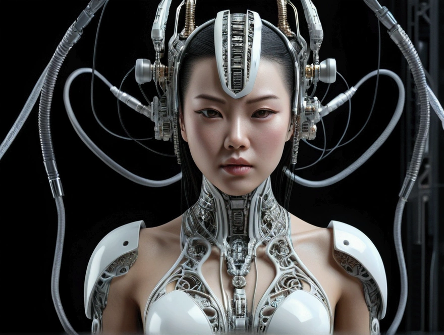 complex 3d render ultra detailed of a beautiful porcelain asian skin head woman android face, (((Full body))), cyborgs, roboticparts, 150mm, beautiful studio soft light, Rim Light, vibrant detail, luxuriouscyberpunk, Lace, hyper realisitic, Anatomical, face muscles, cable electric wires, microchips, Elegant, Beautiful background, Octane Render, h. r. Giger style, in 8K, Best Quality, masutepiece, Illustration, extremely delicate and beautiful, Extremely detailed ,Unity ,Wallpaper, (Realistic, Photorealsitic:1.37),amazing, finely detail, masutepiece,Best Quality,Official art, Highly detailed ticker Unity 8k wallpaper, absurderes, unbelievable Ridiculous, droid,