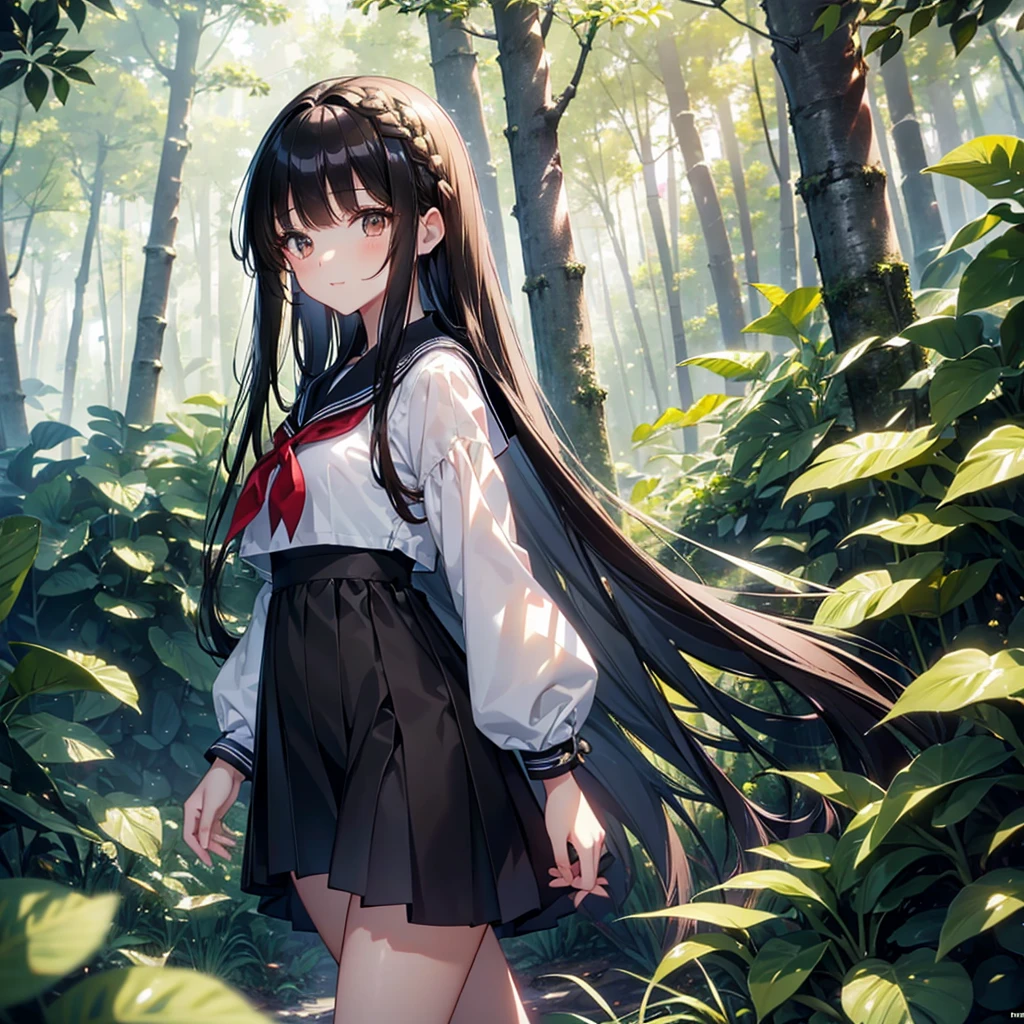 finely detailed beautiful girl, detailed 16k best quality, shiny hair, ultra-detailed beautiful shiny highlight clear eyes focus, Long Black Hair、Sailor suit、laughing、Brown eyes、Walking in the forest、