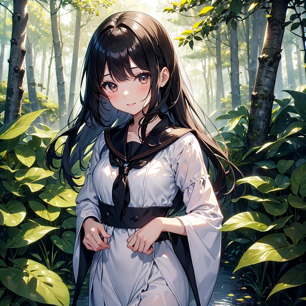 finely detailed beautiful girl, detailed 16k best quality, shiny hair, ultra-detailed beautiful shiny highlight clear eyes focus, Long Black Hair、Sailor suit、laughing、Brown eyes、Walking in the forest、