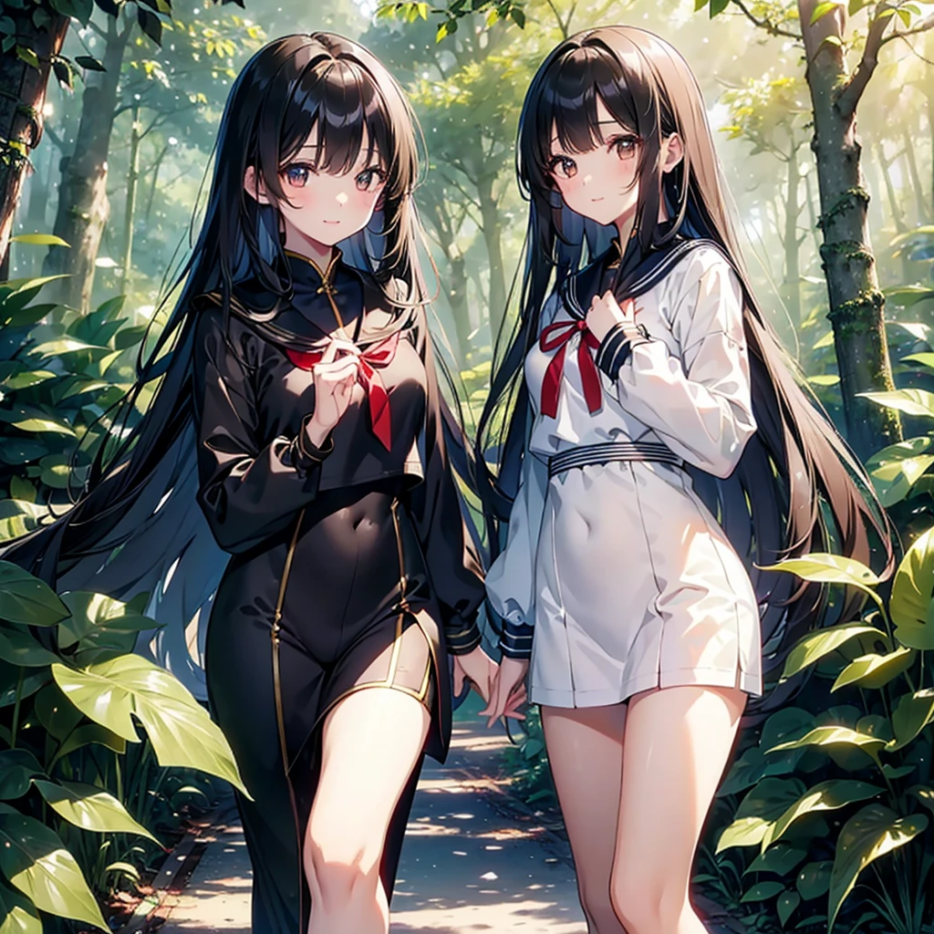 finely detailed beautiful girl, detailed 16k best quality, shiny hair, ultra-detailed beautiful shiny highlight clear eyes focus, Long Black Hair、Sailor suit、laughing、Brown eyes、Walking in the forest、