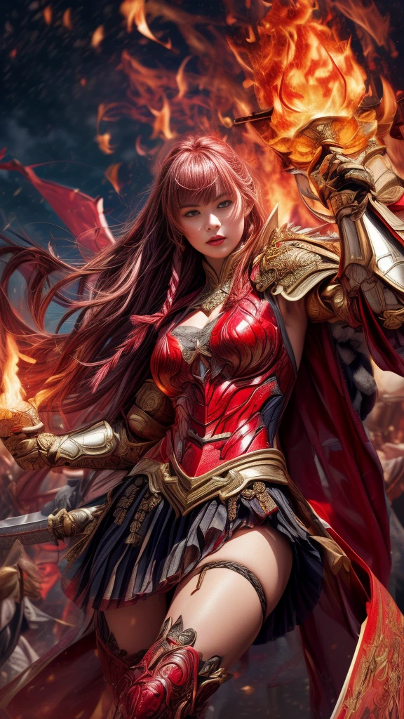 Very beautiful woman、Slender women、(Detailed face)、Realistic Skin、((Knight of Fire)), (((Red Armor:1.25)))、((((A black armor with extremely detailed and intricate decoration.))))、((Delicate photo)),(Girl Astepeace RAW Photo Details:1.25), (Highest quality:1.6), (Ultra-high resolution:1.5), (Realistic:1.75), 8K resolution, Canon EOS R5, 50mm, Absurd, Super detailed,Cinema Lighting,Battlefields of Medieval Europe、((Fight))、RPG World、Final Fantasy、(((Decorative skirt)))、Thigh-high socks、Shingard、night、Pink Hair、((Bangs are too long))、((Long, thick pink braids))、Get a six pack、Torn Cloak、Beautiful Armor、(((Giant Sword)))、In combat、The wind is blowing、(((Flames covering the area)))、(((Leading a large group of red knights)))、(((Knight Commander)))、Armor with a phoenix motif、((flames of fire))、(((Battle Scenes)))、((Browsing Caution:1.2))、(pocket)