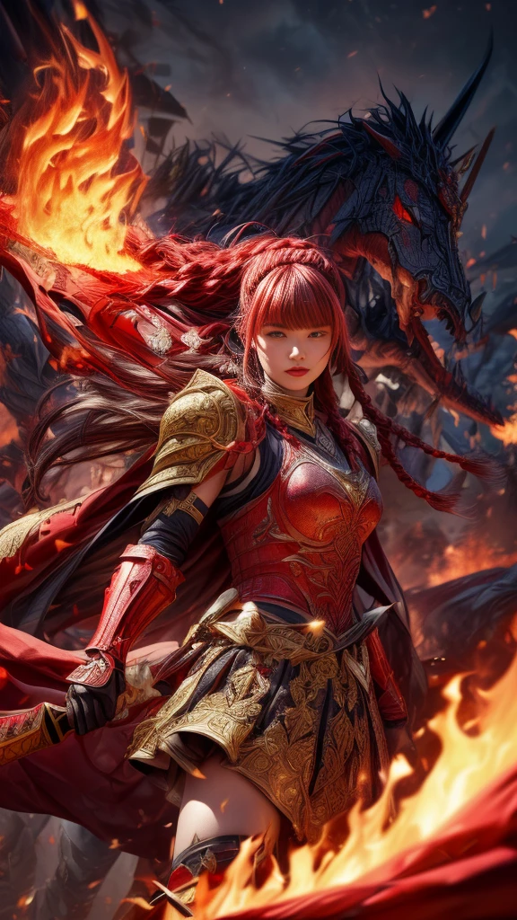Very beautiful woman、Slender women、(Detailed face)、Realistic Skin、((Knight of Fire)), (((Red Armor:1.25)))、((((A black armor with extremely detailed and intricate decoration.))))、((Delicate photo)),(Girl Astepeace RAW Photo Details:1.25), (Highest quality:1.6), (Ultra-high resolution:1.5), (Realistic:1.75), 8K resolution, Canon EOS R5, 50mm, Absurd, Super detailed,Cinema Lighting,Battlefields of Medieval Europe、((Fight))、RPG World、Final Fantasy、(((Decorative skirt)))、Thigh-high socks、Shingard、night、Pink Hair、((Bangs are too long))、((Long, thick pink braids))、Get a six pack、Torn Cloak、Beautiful Armor、(((Giant Sword)))、In combat、The wind is blowing、(((Flames covering the area)))、(((Leading a large group of red knights)))、(((Knight Commander)))、Armor with a phoenix motif、((flames of fire))、(((Battle Scenes)))、((Browsing Caution:1.2))、(pocket)