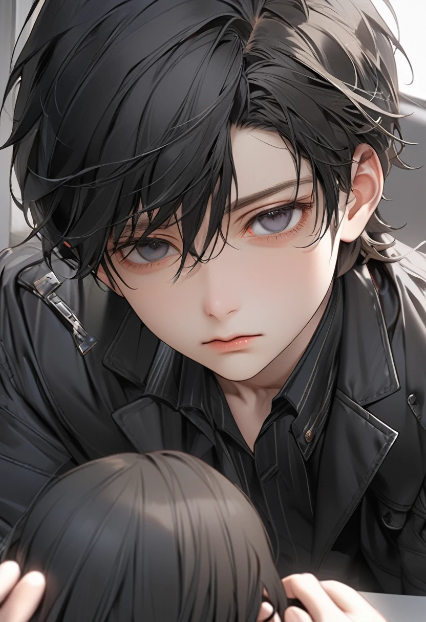 A kid, boy, handsome, black hair, short hair, mullet, black eyes, upturned eyes, expressionless, black jacket, anime, first-person view, masterpiece, anatomically correct, high details, highres, best quality, super detail