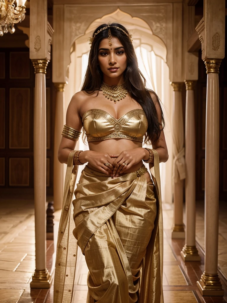 a woman in a sari posing for a picture, indian goddess, traditional beauty, indian, beautiful goddess, ornate cosplay, indian style, indian super model, beautiful maiden, gorgeous woman, south east asian with long, provocative indian, gorgeous beautiful woman, intricate outfit, hindu aesthetic, beautiful asian girl, extremely detailed goddess shot, jaw-dropping beauty, bridal look, 8k, UHD, marriage ceremony