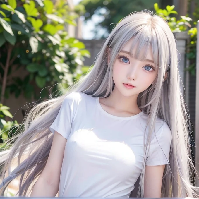 silver shiny hair、Super long straight silky hair、Dazzling blonde super long silky hair、 cute little beautiful face、A beautiful girl、Sparkling blonde dancing in front of a pretty face、Long, silky bangs that cover the space between the eyes、Very beautiful, bright, large, light blue eyes、Very big eyes、Hair that hides the face、Sexy pretty young woman with super long bangs、Very white skin、Cheek gloss highlighter、Small Face Beauty、Round face、Cute Shirts、Ample Bust, embarrassed face、Skinny jeans and t-shirt、Smiling Face、One piece dress and straw hat