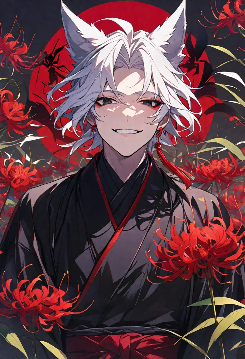Solo, 1 male, white hair, black eyes, black kimono, fox ears, smile facial, red spider lily, higanbana, red tassel earrings
