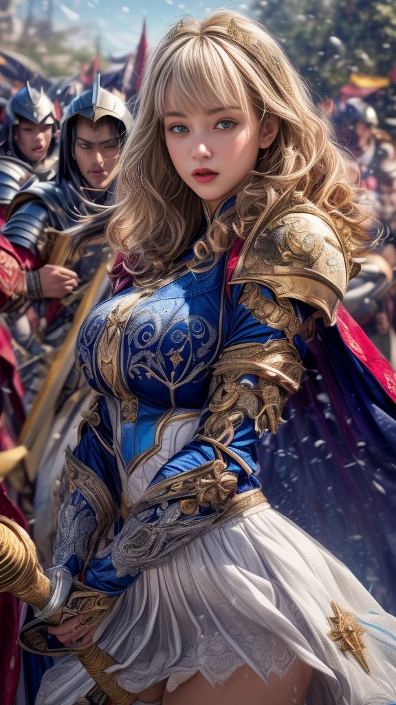 Very beautiful woman、Slender women、(Detailed face)、Realistic Skin、((Holy Knight)), ((Pearl White Armor))、((((A black armor with extremely detailed and intricate decoration.:1.1))))、((Delicate photo)),(Girl Astepeace RAW Photo Details:1.25), (Highest quality:1.6), (Ultra-high resolution:1.5), (Realistic:1.75), 8K resolution, Canon EOS R5, 50mm, Absurd, Super detailed,Cinema Lighting,((Fightfield))、((Fight))、(((White skirt with embellishments)))、Thigh-high socks、Shingard、((blonde))、((Curly Hair))、((Drill Hair))、((Short hair with bangs and wavy hair,))、Get a six pack、Cape、Beautiful Armor、(((Has a huge weapon)))、(In combat)、The wind is blowing、((Symmetrical armor))、((((Blizzard))))、(((Lead a large group of knights:1.2)))、banner、(((Battle Scenes)))、((Browsing Caution:1.2))、(pocket)
