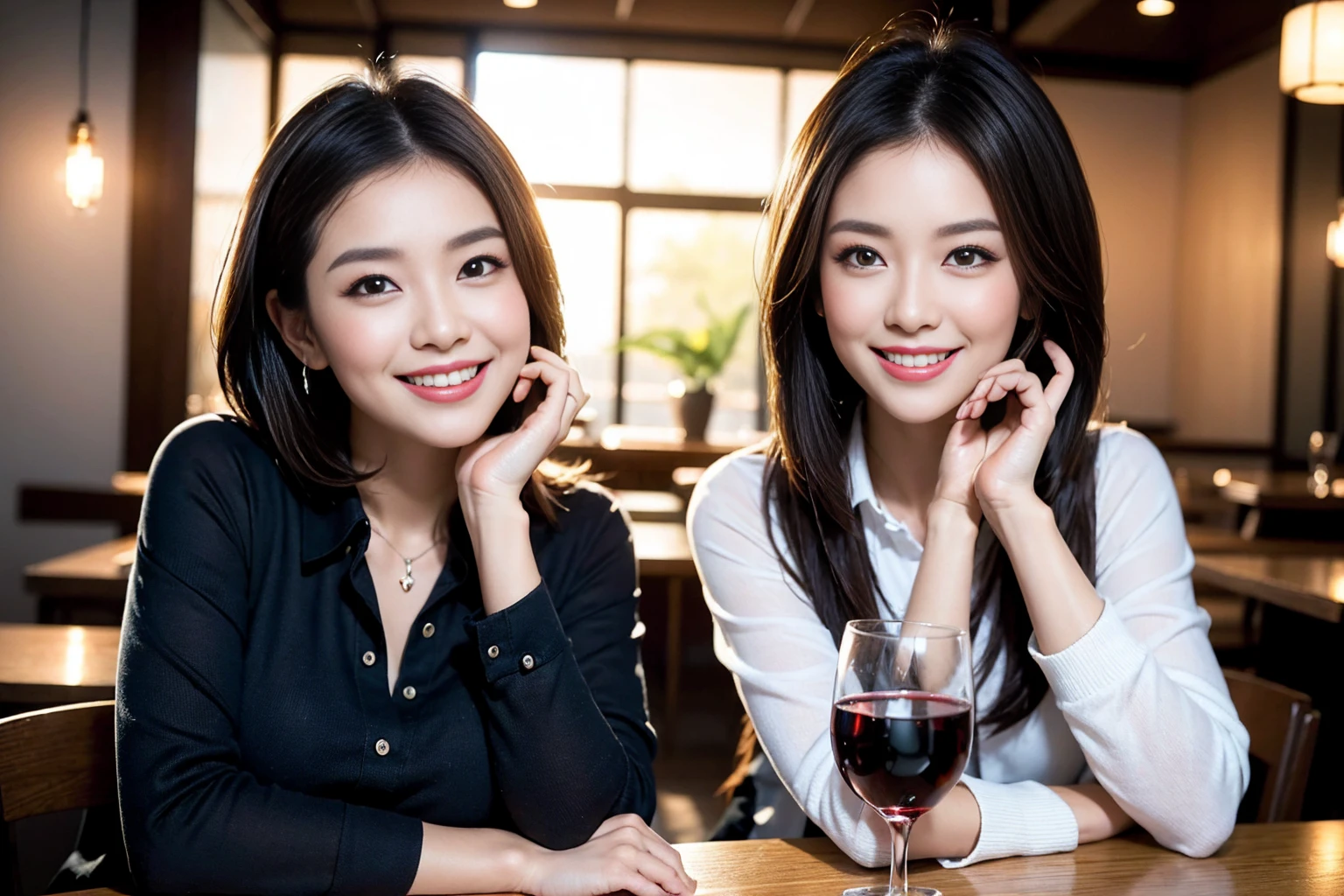 ((Highest quality、8K、masterpiece:1.3))、Shortcuts、cute、slimカップル、modelカップル、actress男優、(Realistic, Intricate details:1.2), full-course dinner、Wine Party、Amazing view of the sunset sky and clouds、A bright smile、short hair,Bright Face、45 years old), 42 years old, red wine 、Appetizers、Italian food、Wine bottle、Champagne、sparkling wine、Two beauties、Brown Hair、Shortcuts、Long sleeve shirt、dress、Beautiful woman 1, (slimな顔), (The body is slim), (Brown Hair), (Shortcuts), cheeks turn a little red,Attractive beauty、restaurant, In a prominent place (From the waist up) Nova Frog Style, actress, model, Upper Body, White wine, slim, wine glass, 中央に置かれたwine glass, smile, (smile: 1.15), Beautiful fine grain, Depth f/2,saturation, High Contrast, Strong light and shadow,Moist Body:1.5、3D texture、Delicate eyes、Brown Hair、The hair is very shiny、