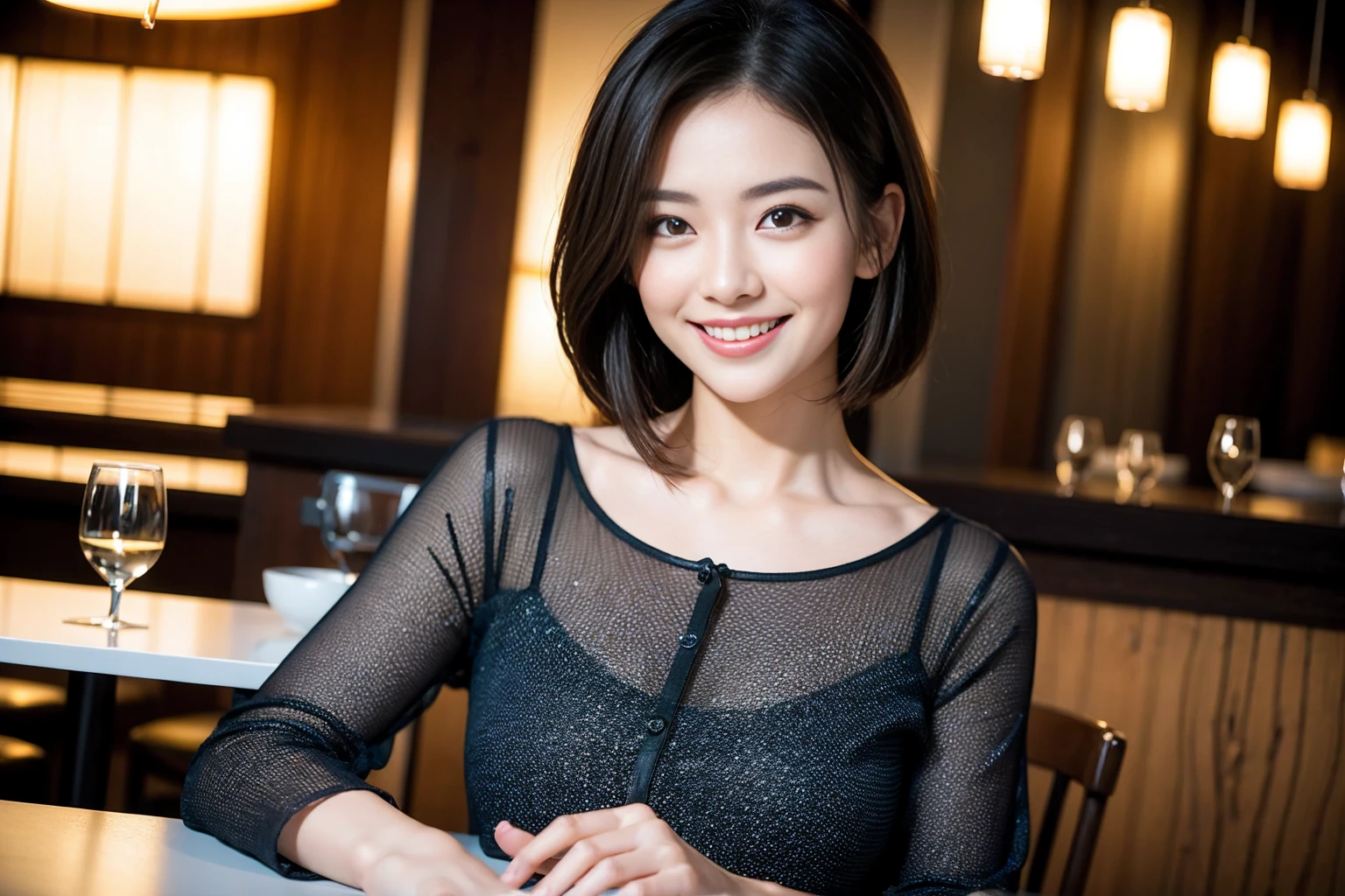 ((One ultimate beauty)), mature, Beautiful Face, Detailed lips, Beautiful eyes in every detail, double eyelid, Long eyelashes、grin, ((Beautiful teeth alignment)), Captivating Gaze、Captivating smile, Very short brunette bob、eyelash、Elegant eyeshadow、Seductive makeup、Seductive gestures、Captivating look、((An elegant red and black dress with intricate details))、(Large Breasts), high quality、High resolution、(Written boundary depth)、(chromatic aberration)、necklace、耳Nipple Ring、bracelet、RAW Photos、Realistic、(masterpiece)、Realistic、Masseter region, 最high quality，Hyper Detail，(Detailed eyes and face） charm:Natural Makeup，View your viewers, alone, ((Cowboy Shot))