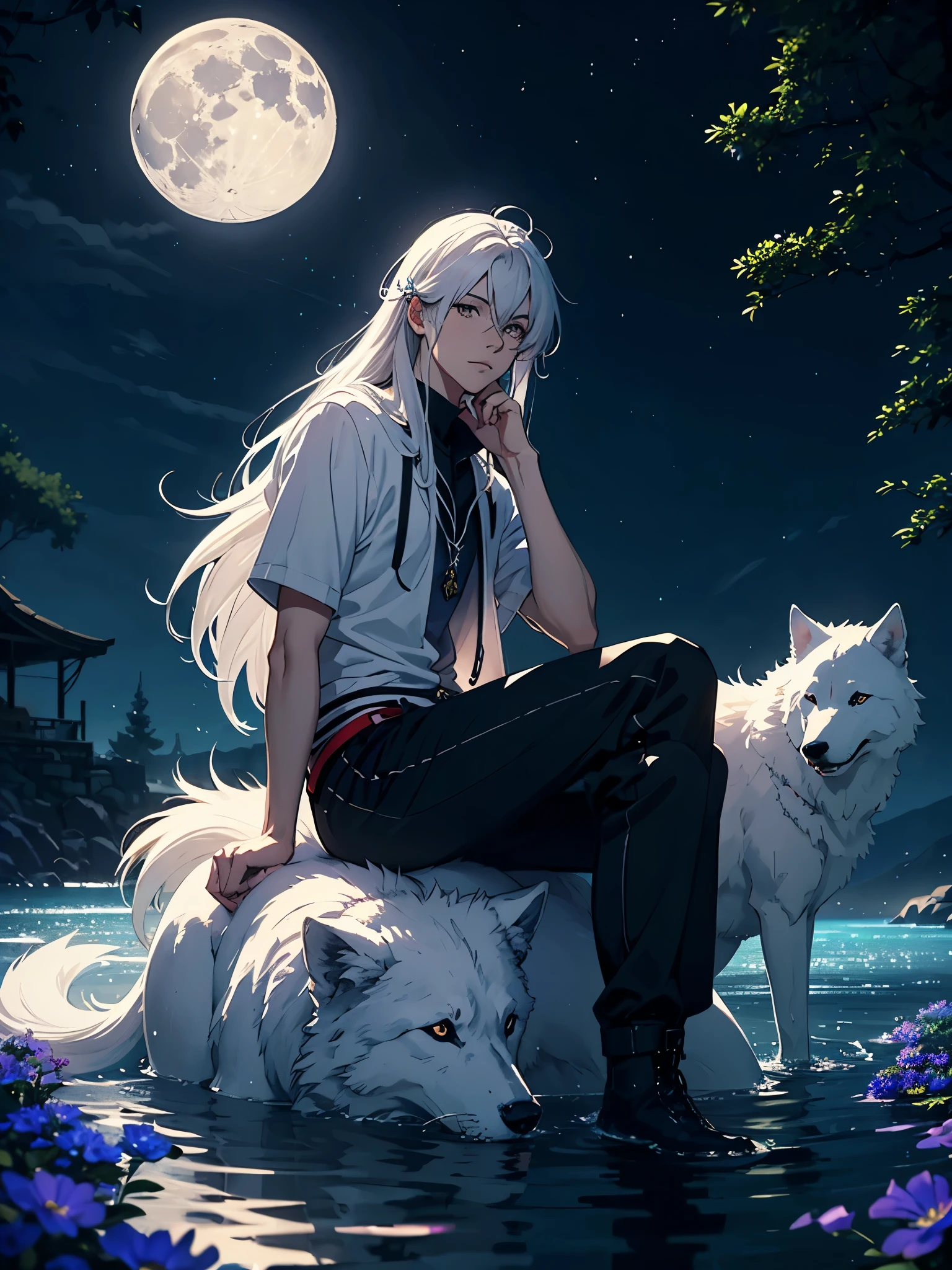 Moon. Sitting on a big white wolf. Lightening flowers. More anime. male. Blue flowers. Long hair. long white hair. aquatic, boy, God of the Moon, silver hair accessories, White hair.