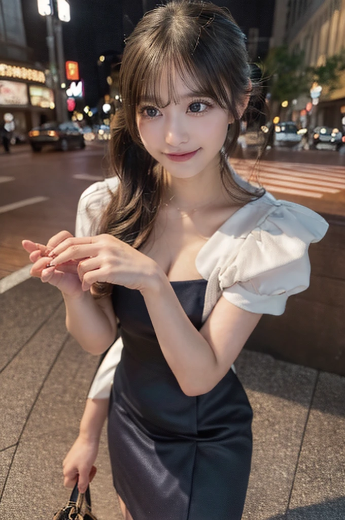 (8K壁紙),(8K),(Highest quality)、(Ultra-high resolution)、(RAW Photos、Cinema Lighting、high resolution、masterpiece),Professional photos,(Realistic, Photorealism),(high resolutionCG統合8K壁紙, Physically Based Rendering),Photorealistic,Beautiful perfectly detailed face,Beautiful perfectly detailed eyes,Beautiful perfectly detailed nose,Beautiful perfectly detailed mouth,Beautifully and perfectly detailed hand,Perfectly detailed fingertips,Beautiful detailed feet,Japanese , 18 year old Japanese girl,Outdoor,Beautiful beautiful thighs, Beautiful detailed hairstyle,(ponytail),Cute Japanese Idols,Perfect Face,Super detailed face,Attention to detail,double eyelid,summer,Night Sky,Tokyo at Night,Angle from the front,A happy smile,Standing posture,Slim figure,Holding a cell phone on the sidewalk,Holding a Louis Vuitton bag,(Tight dress),town,street,looking at the camera,I can see your thighs,Natural Makeup,
