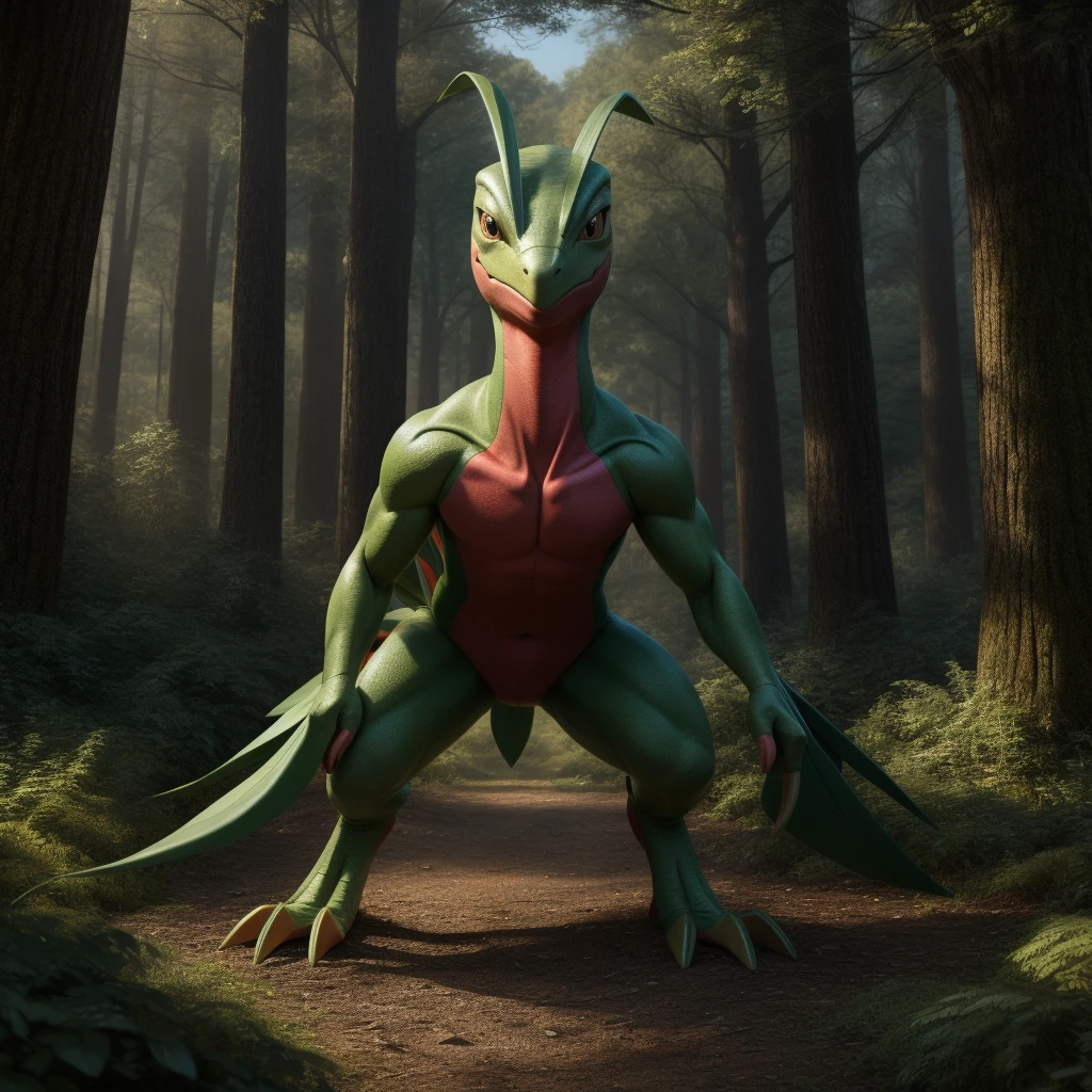Pokémon, a male grovyle, feral, standing, forest landscape, looking at viewer, daytime