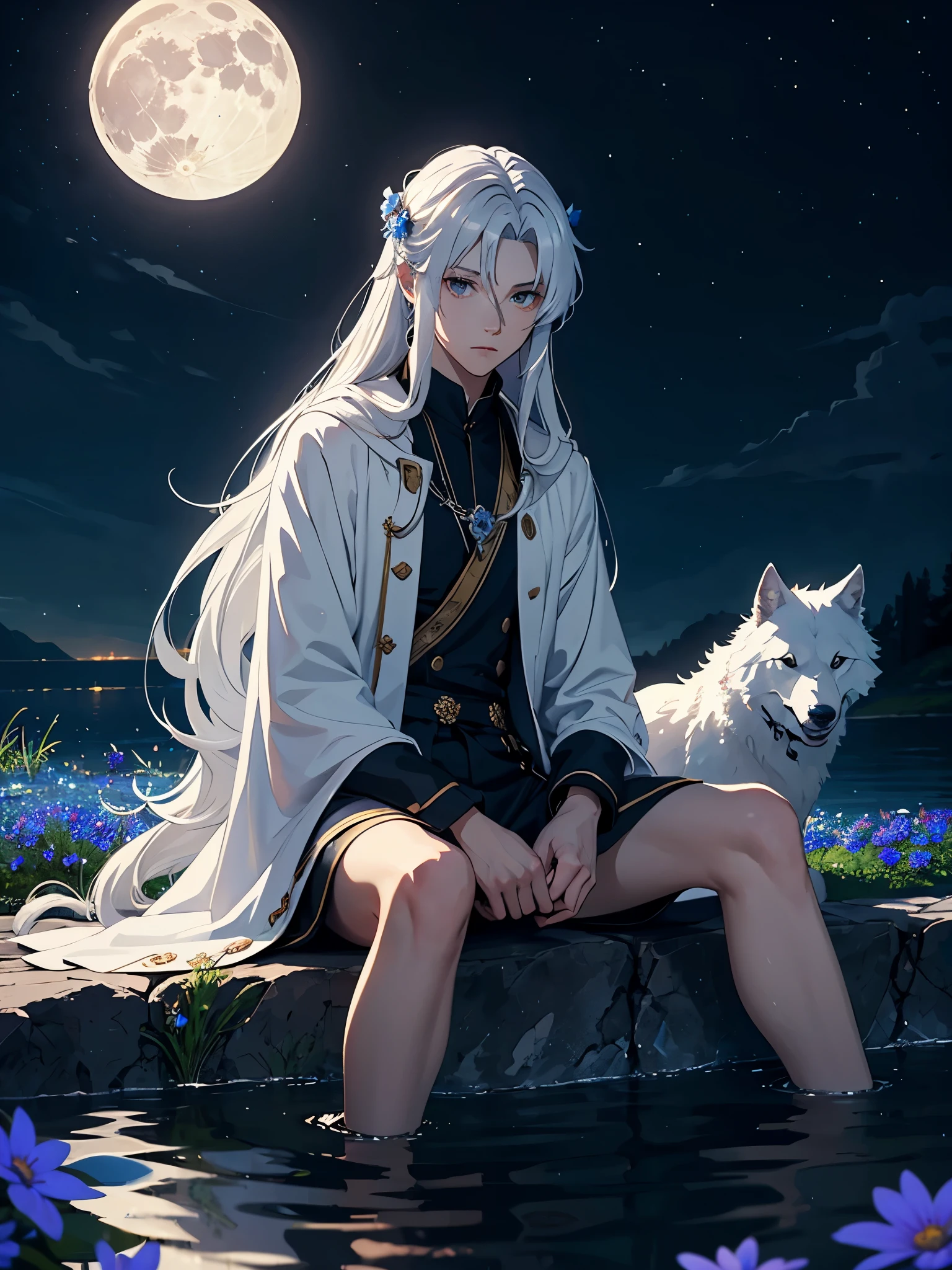 Moon. Sitting on a big white wolf. Lightening flowers. More anime. male. Blue flowers. Long hair. long white hair. aquatic, boy, God of the Moon, silver hair accessories, White hair. 