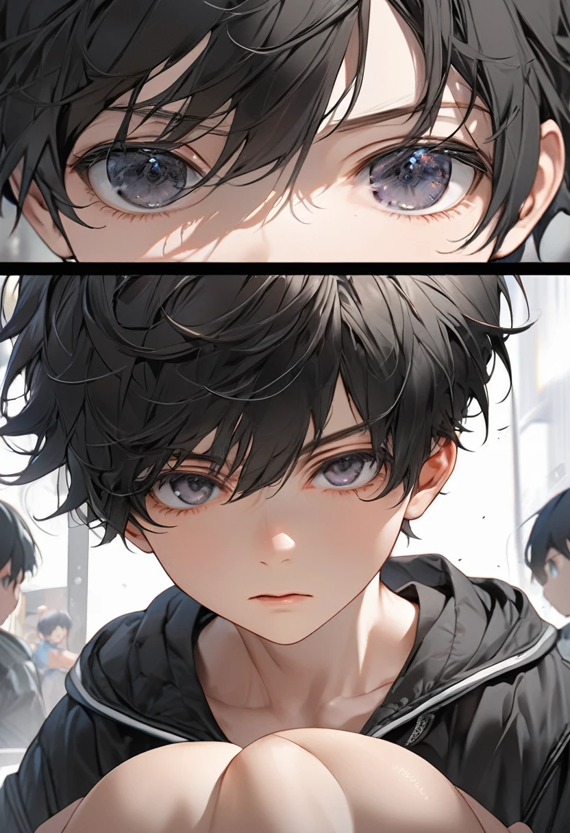 A kid, boy, handsome, black hair, short hair, mullet, black eyes, upturned eyes, expressionless, black jacket, anime, first-person view, masterpiece, anatomically correct, high details, highres, best quality, super detail