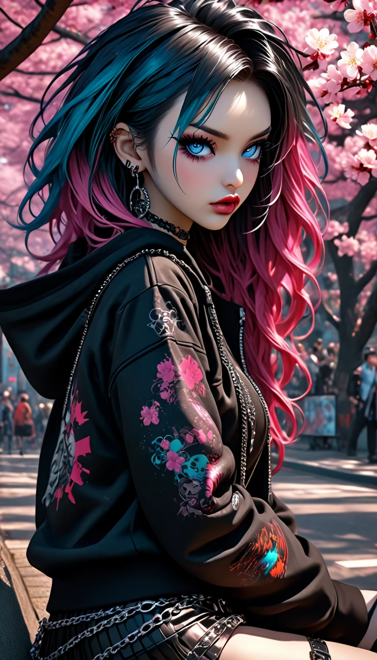 (Perfect Masterpiece, Highly Detailed CG UNITY 32K UHD Quality Resolution Wallpaper, Photorealistic, RAW Photo, Perfect Photogenic Clarity, Official Art, Award Winning Portrait, Super Super Realistic, Super Super Detailed , shiny realistic skin, ray tracing, glowing ambient light), the most beautiful and sexy gothic punk girl, bikini, anime style, anime girl, Hatsune Miku (gothic hairstyle, colorful hair: 1.3), vivid Moonlight eyes, long detailed eyelashes, blush, pouty pink lips, beautiful eyes, (Detailed Gothic Makeup: 1.3) (Sexy style), (Highly detailed with lots of straps, zippers, buckles and chains Gothic punk hoodie and skirt in Harajuku style: 1.3) Lots of tattoos and piercings, sitting with arched back in a sexy and seductive slutty pose, close-up POV camera view from above, bright cherry blossom trees